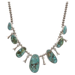 Vintage Navajo Native American Sterling Silver Turquoise Squash Blossom Necklace