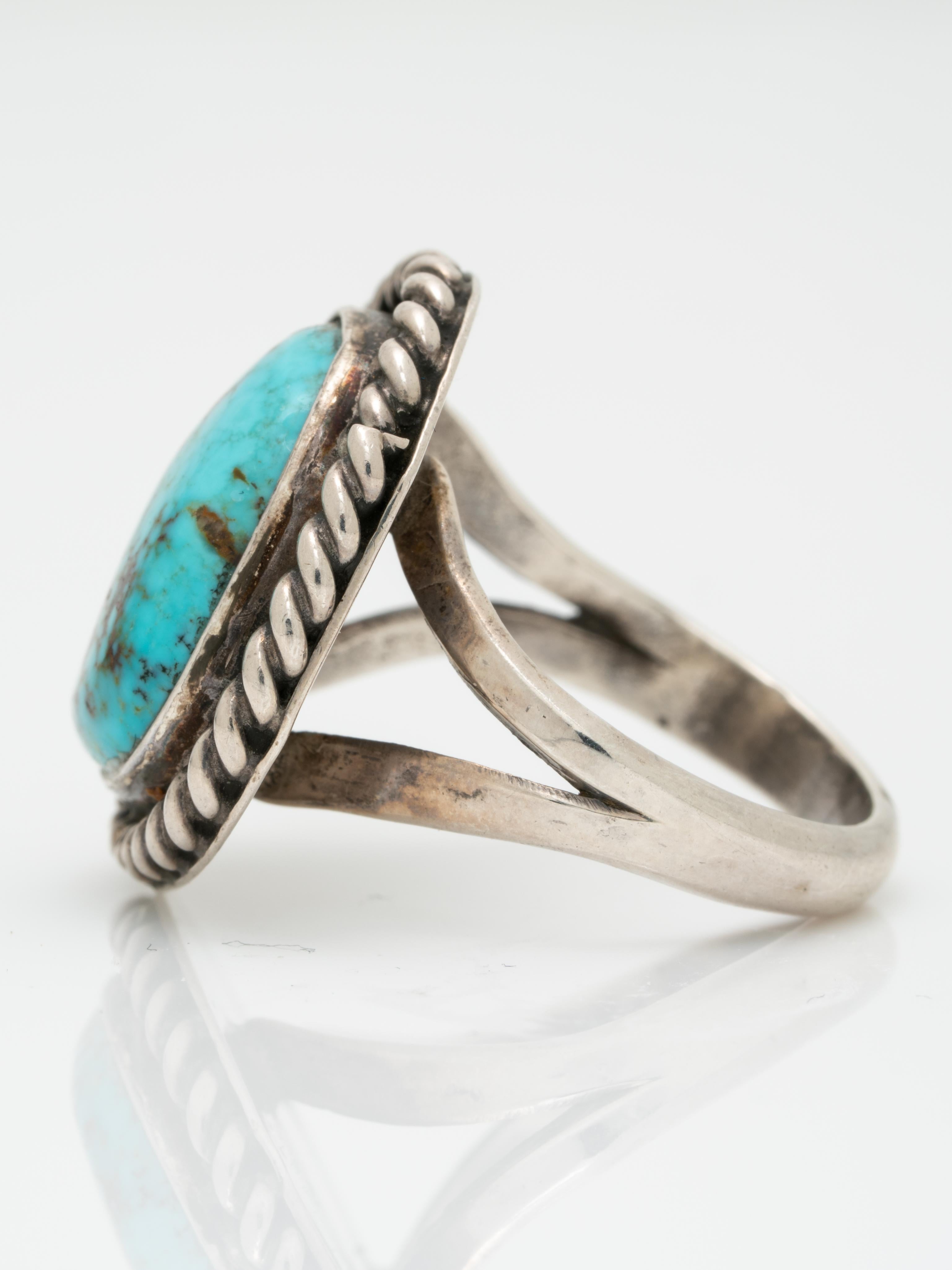 Vintage Navajo Native American Türkis und Silber Seil Design Ring (Cabochon)