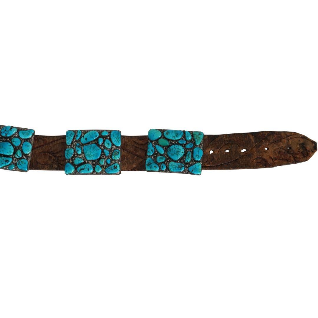 Cinturón Concho Vintage Navajo Nativo Indio Cuero Plata Turquesa en venta 6