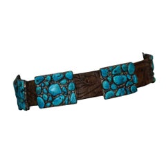 Vintage Navajo Native Indian Leather Silver Turquoise Concho Belt
