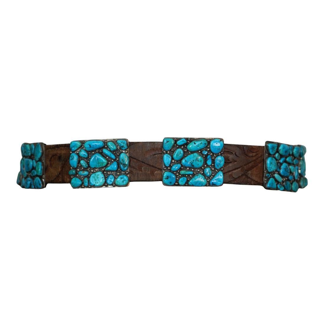 Cinturón Concho Vintage Navajo Nativo Indio Cuero Plata Turquesa Azul en venta