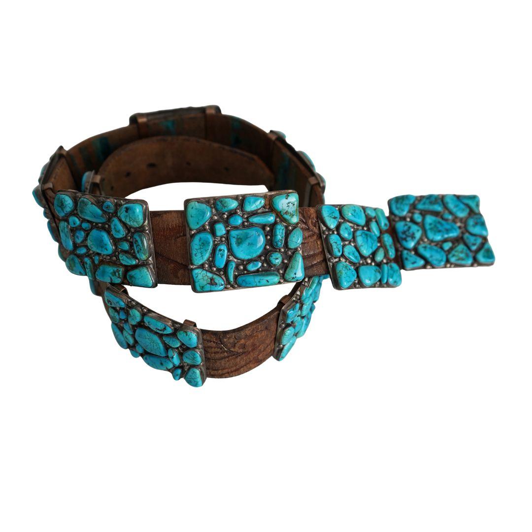 Cinturón Concho Vintage Navajo Nativo Indio Cuero Plata Turquesa en Bastante bueno estado para la venta en Beverly Hills, CA