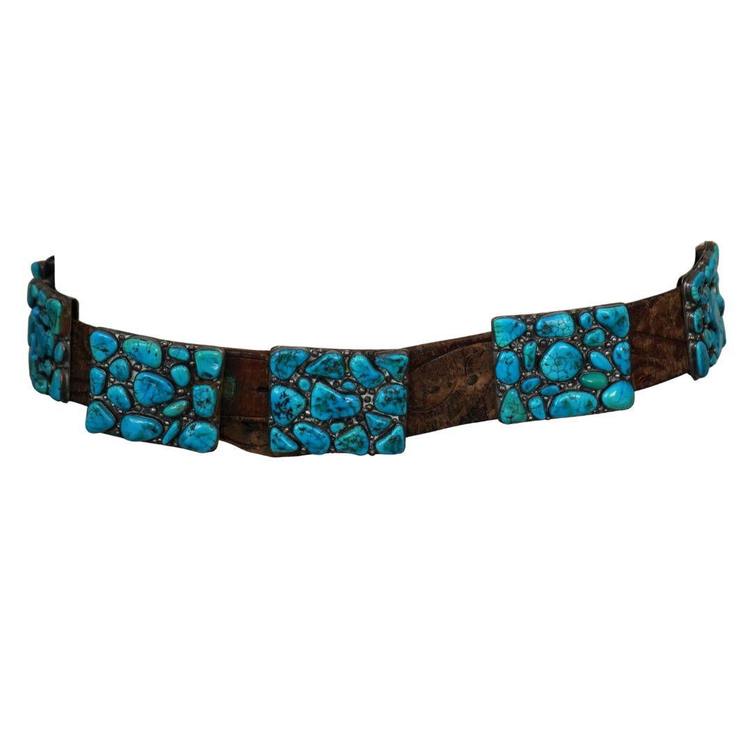 Femenino o masculino Cinturón Concho Vintage Navajo Nativo Indio Cuero Plata Turquesa en venta