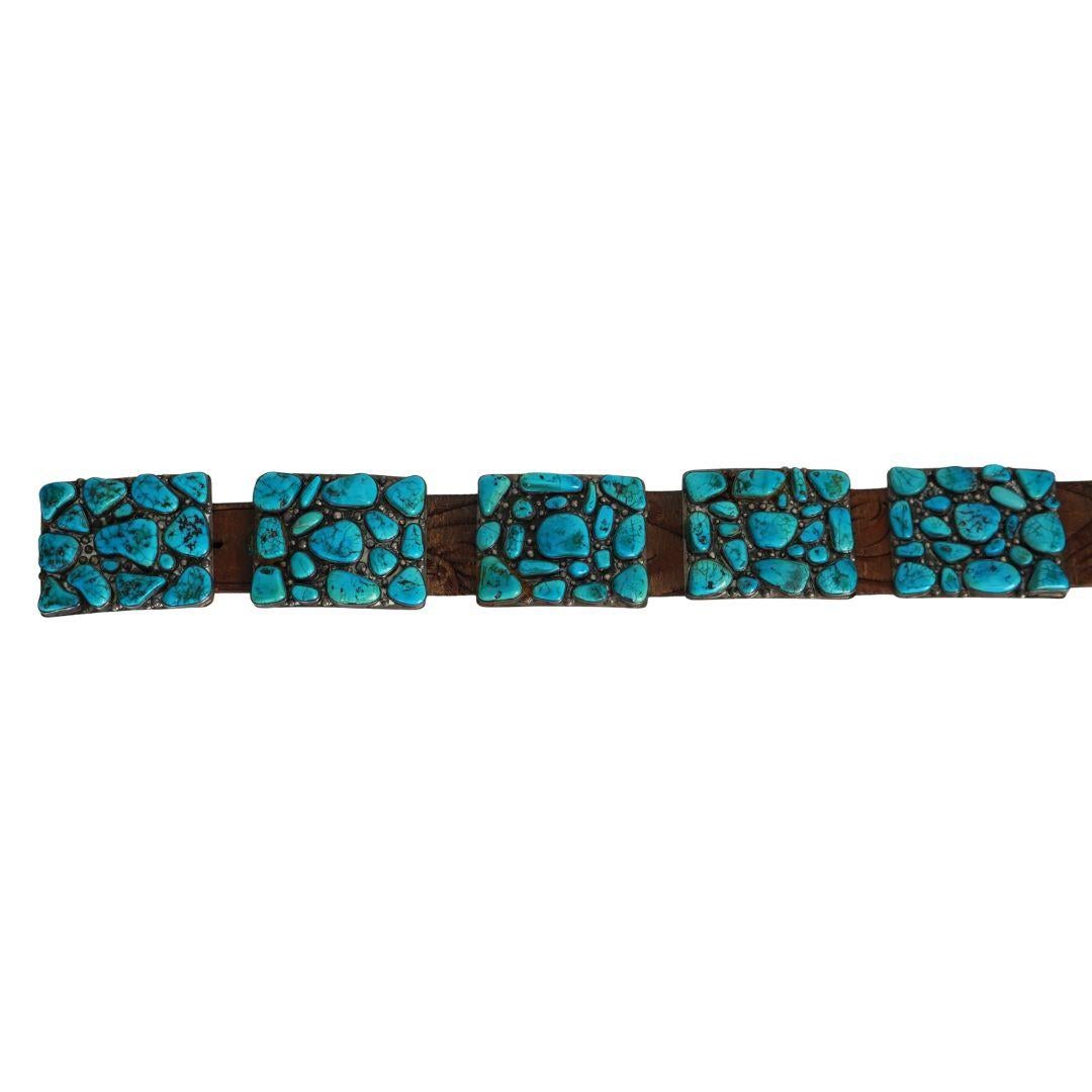 Cinturón Concho Vintage Navajo Nativo Indio Cuero Plata Turquesa en venta 4