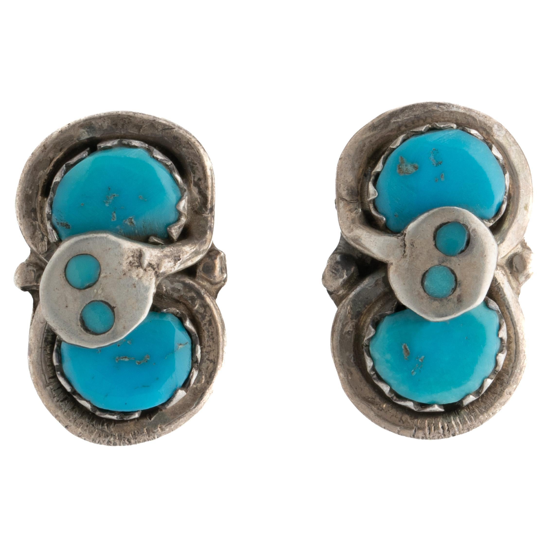 Vintage Zuni Petite Signed Effie Calavaza Turquoise Silver Snake Earrings For Sale