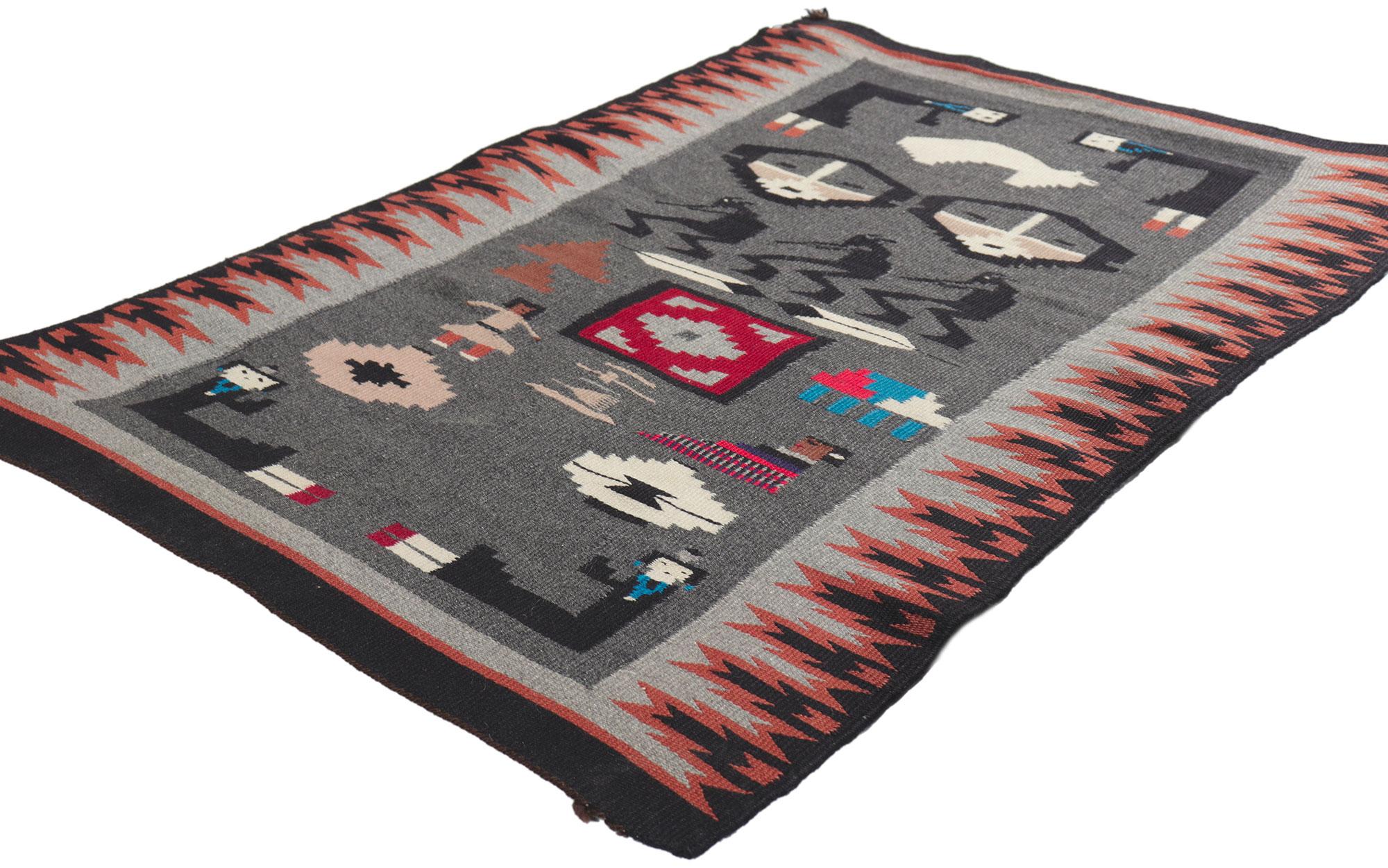 78425 Vintage Navajo Pictorial Rug, 02'02 x 03'02. Full of tiny details and an expressive design, this handwoven wool vintage Navajo pictorial rug is a captivating vision of woven beauty. The abrashed gray field features a variety of ambiguous