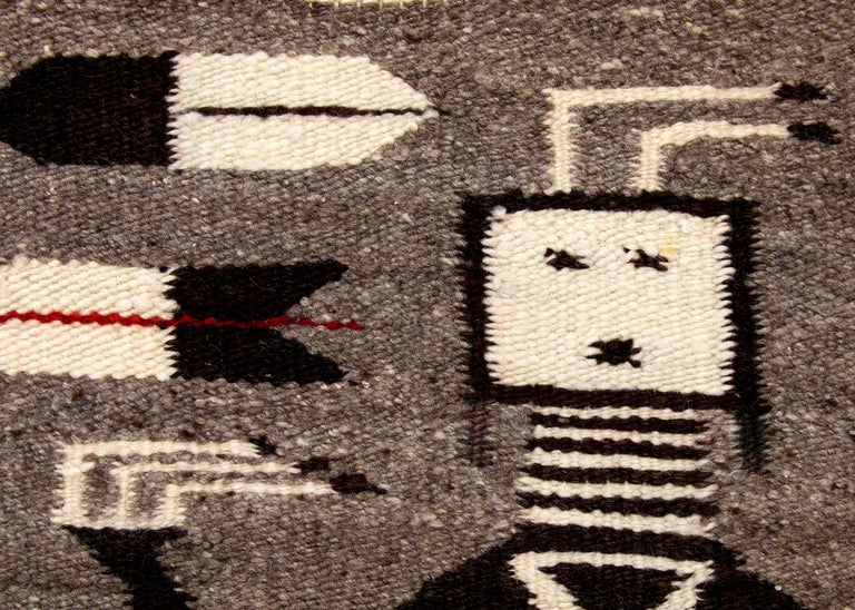 American Vintage Navajo Pictorial Rug, Yei Figures & Feathers Brown Gray Black White Red For Sale