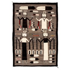 Vintage Navajo Pictorial Rug, Yei Figures & Feathers Brown Gray Black White Red