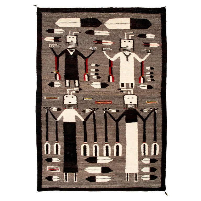 Vintage Navajo Pictorial Rug, Yei Figures & Feathers Brown Gray Black White Red For Sale