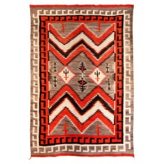 Vintage Navajo Rug, 1940s, Trading Post Era with Crosses, Red Brown White Black