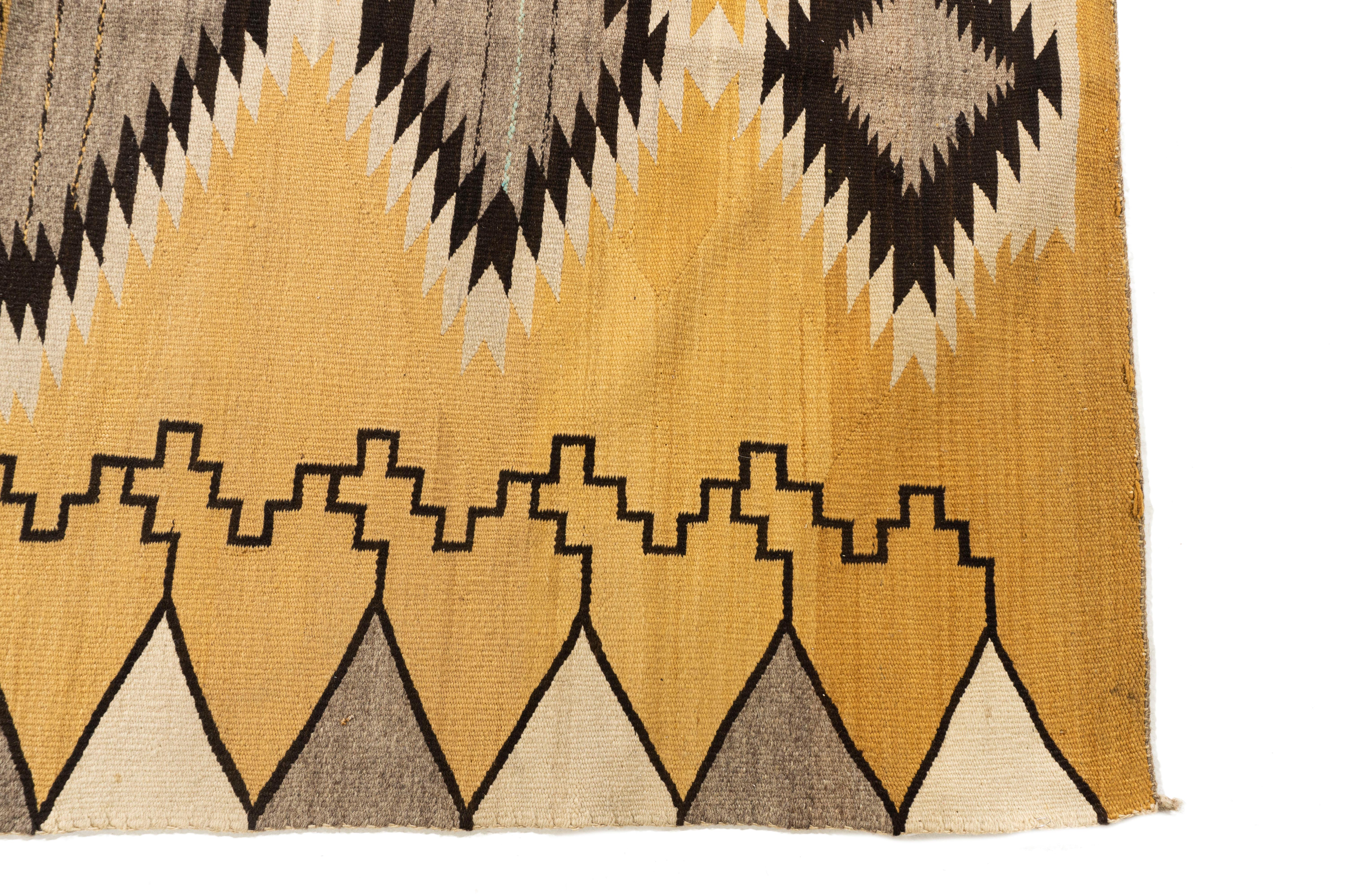 American Vintage  Navajo Hand Woven Gold Gray Wool Rug 3'10 X 5'9 For Sale