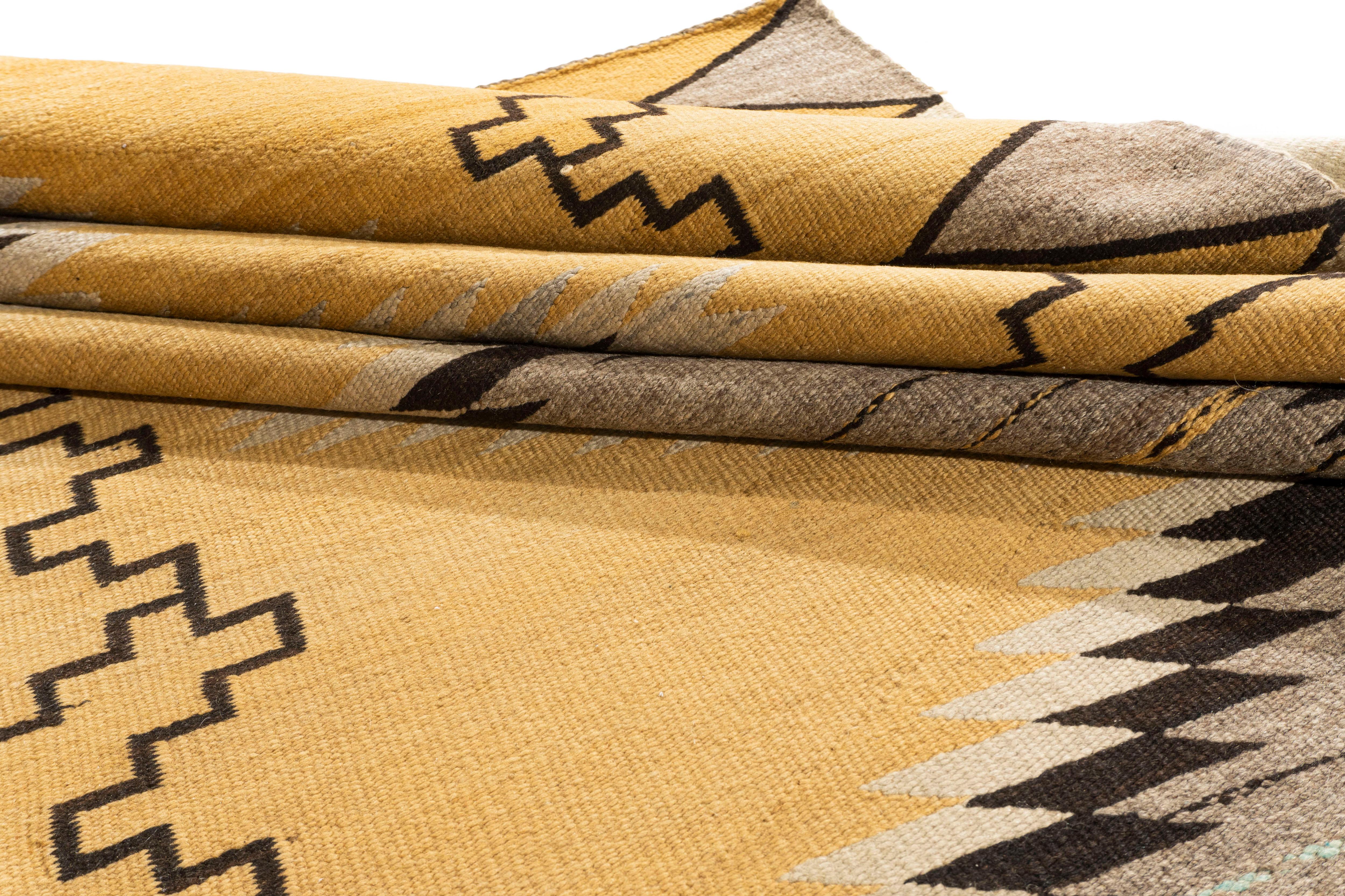 Hand-Woven Vintage  Navajo Hand Woven Gold Gray Wool Rug 3'10 X 5'9 For Sale