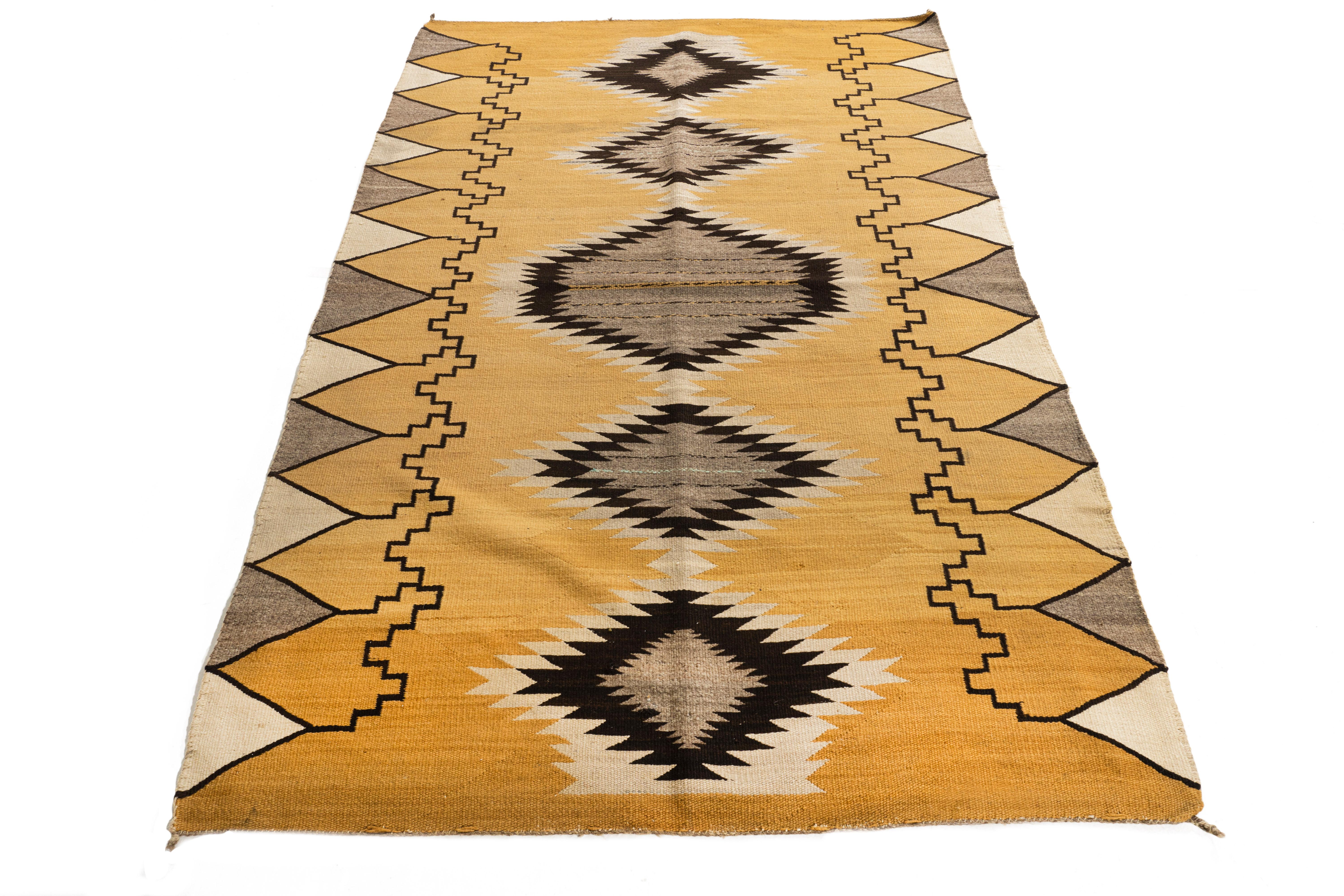 20th Century Vintage  Navajo Hand Woven Gold Gray Wool Rug 3'10 X 5'9 For Sale