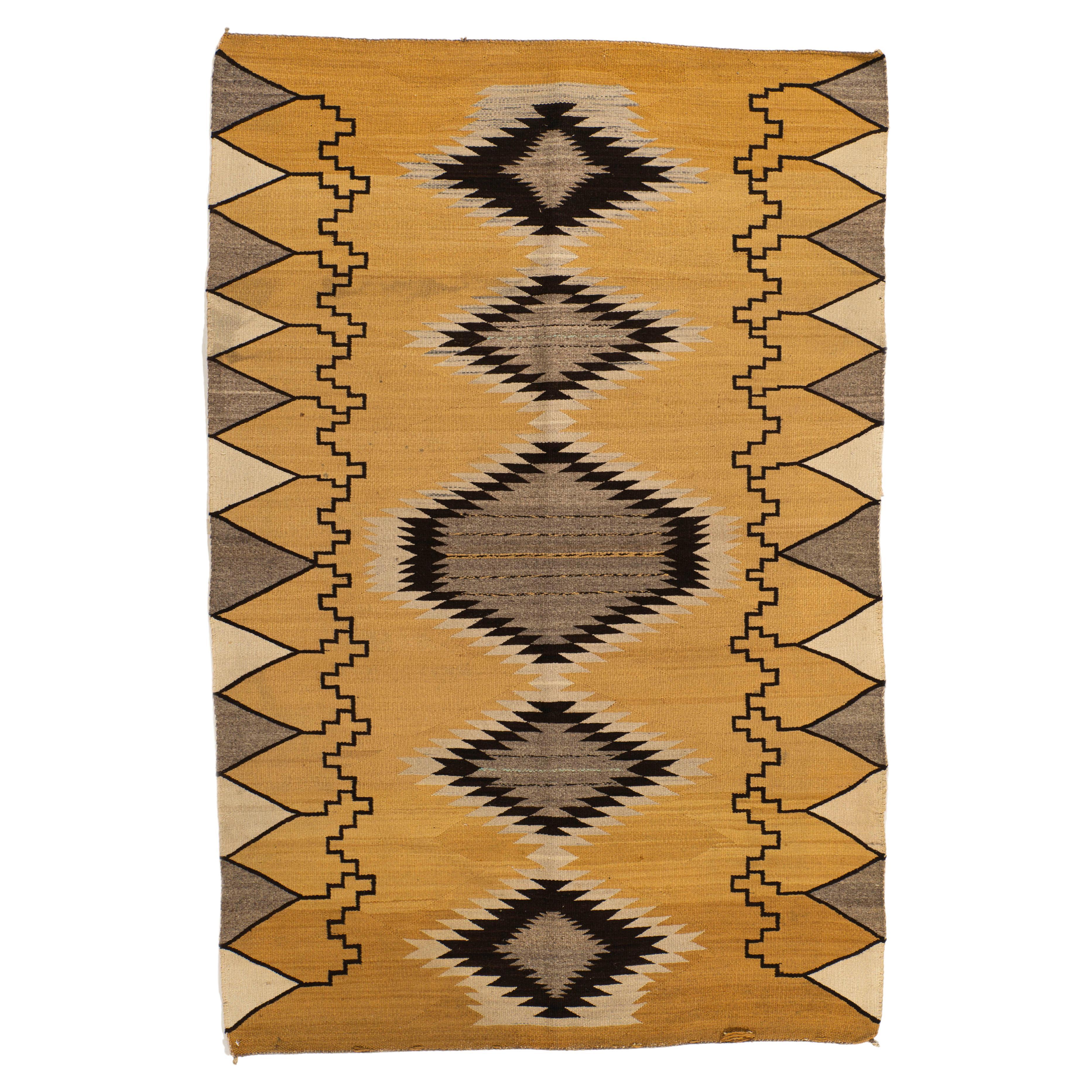 Vintage  Navajo Hand Woven Gold Gray Wool Rug 3'10 X 5'9