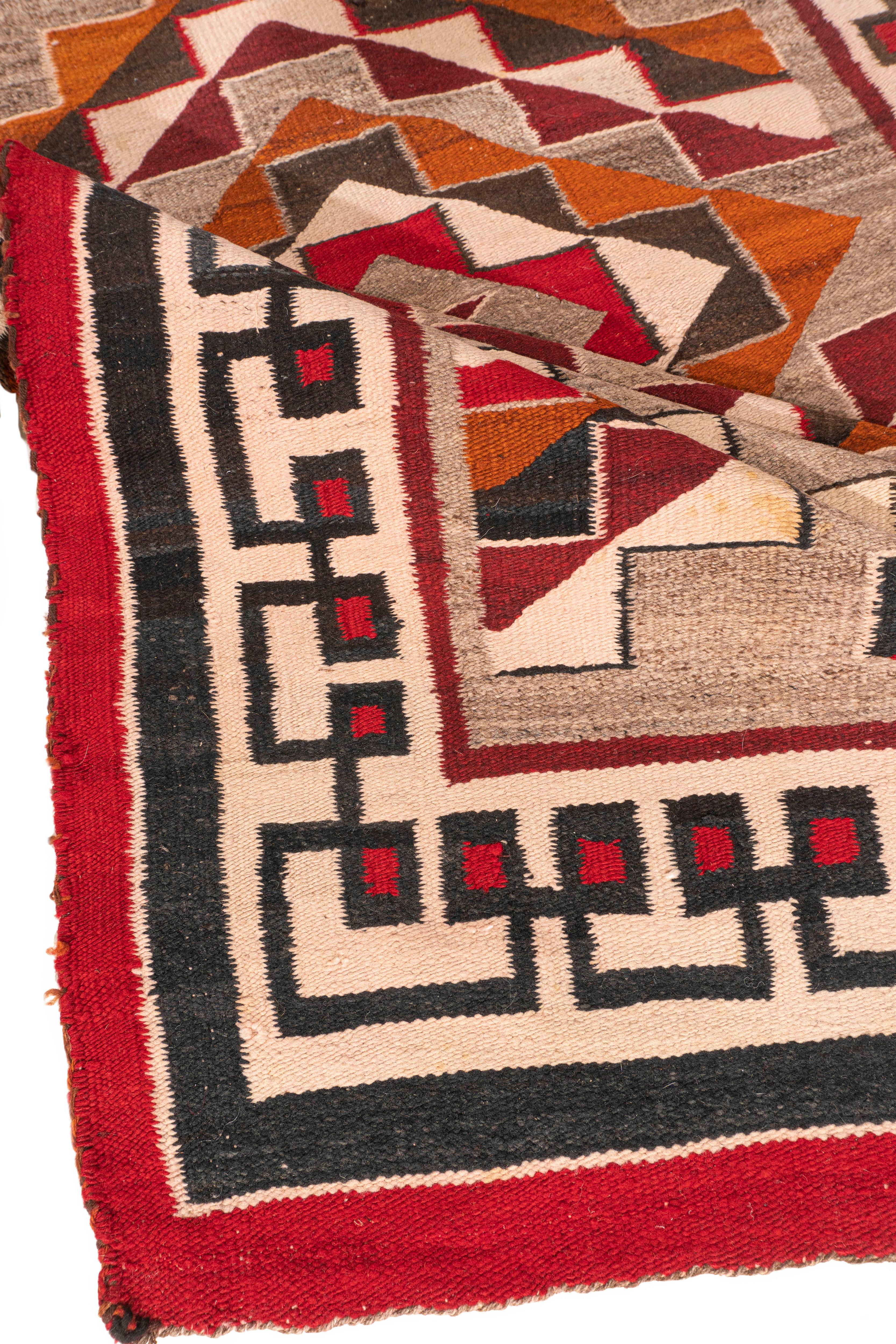 Native American Vintage Circa 1950 Navajo Gray Red Hand Woven Wool & Cotton Rug 4'6 X 8' For Sale