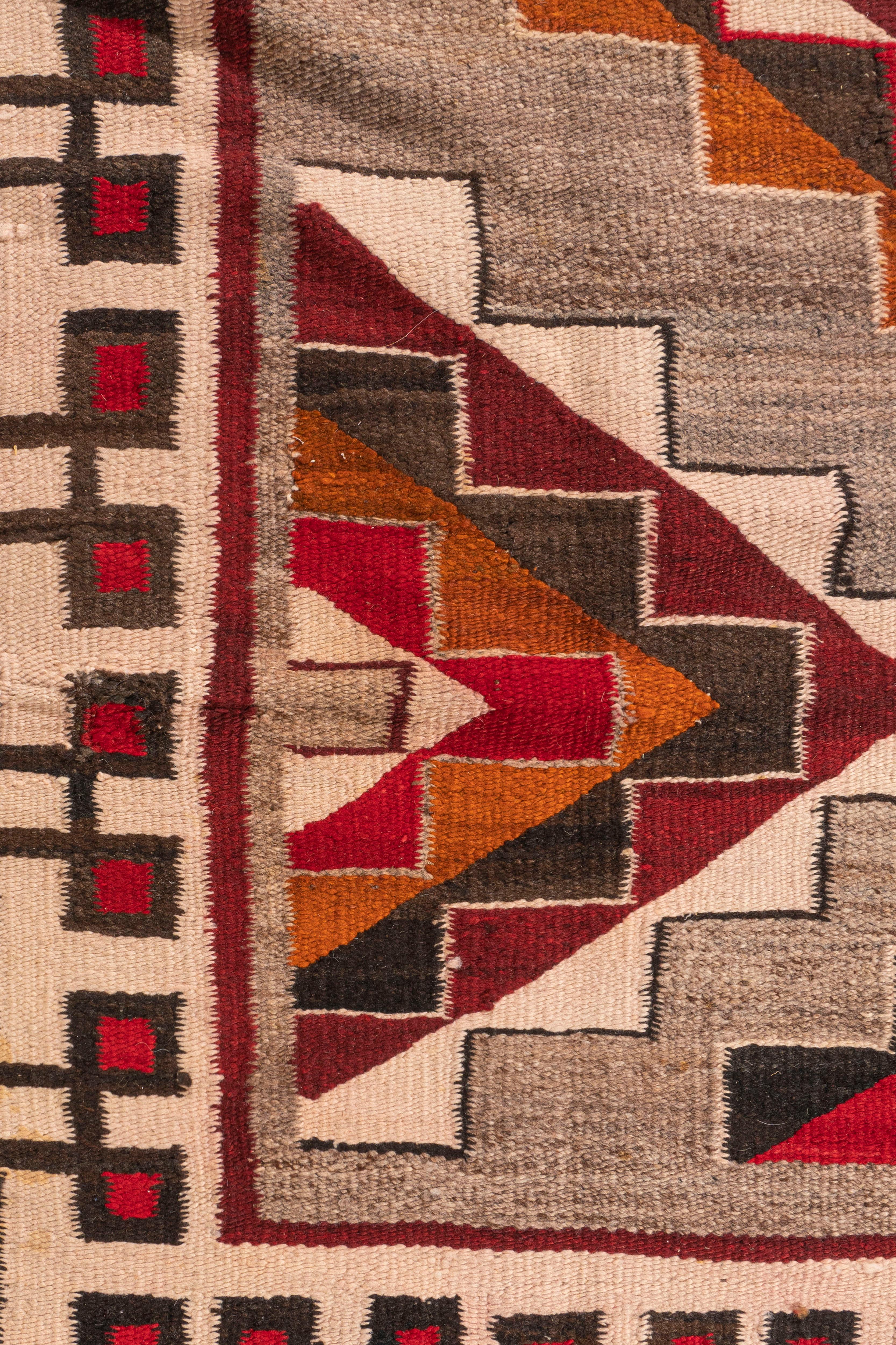 American Vintage Circa 1950 Navajo Gray Red Hand Woven Wool & Cotton Rug 4'6 X 8' For Sale
