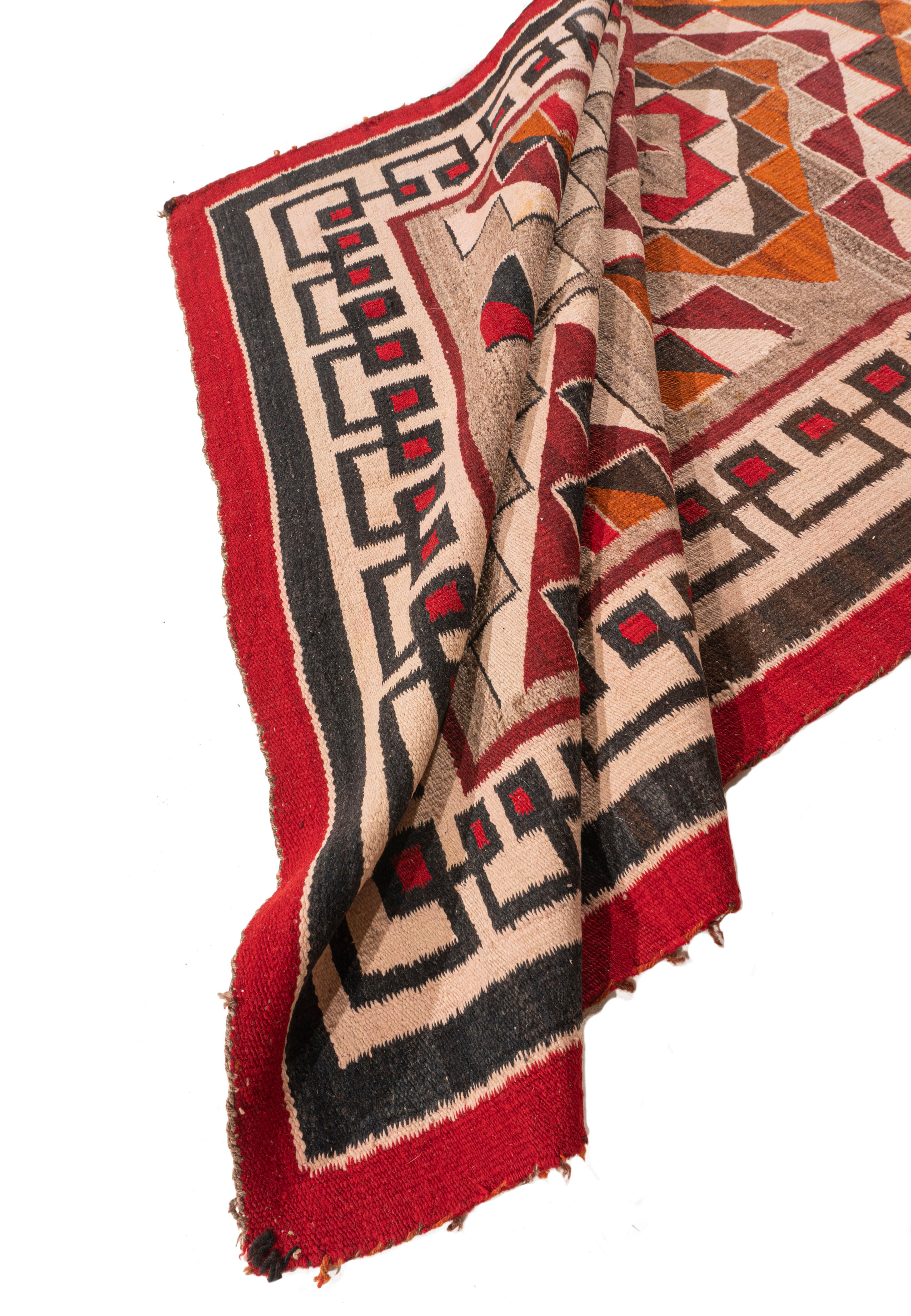 Hand-Knotted Vintage Circa 1950 Navajo Gray Red Hand Woven Wool & Cotton Rug 4'6 X 8' For Sale