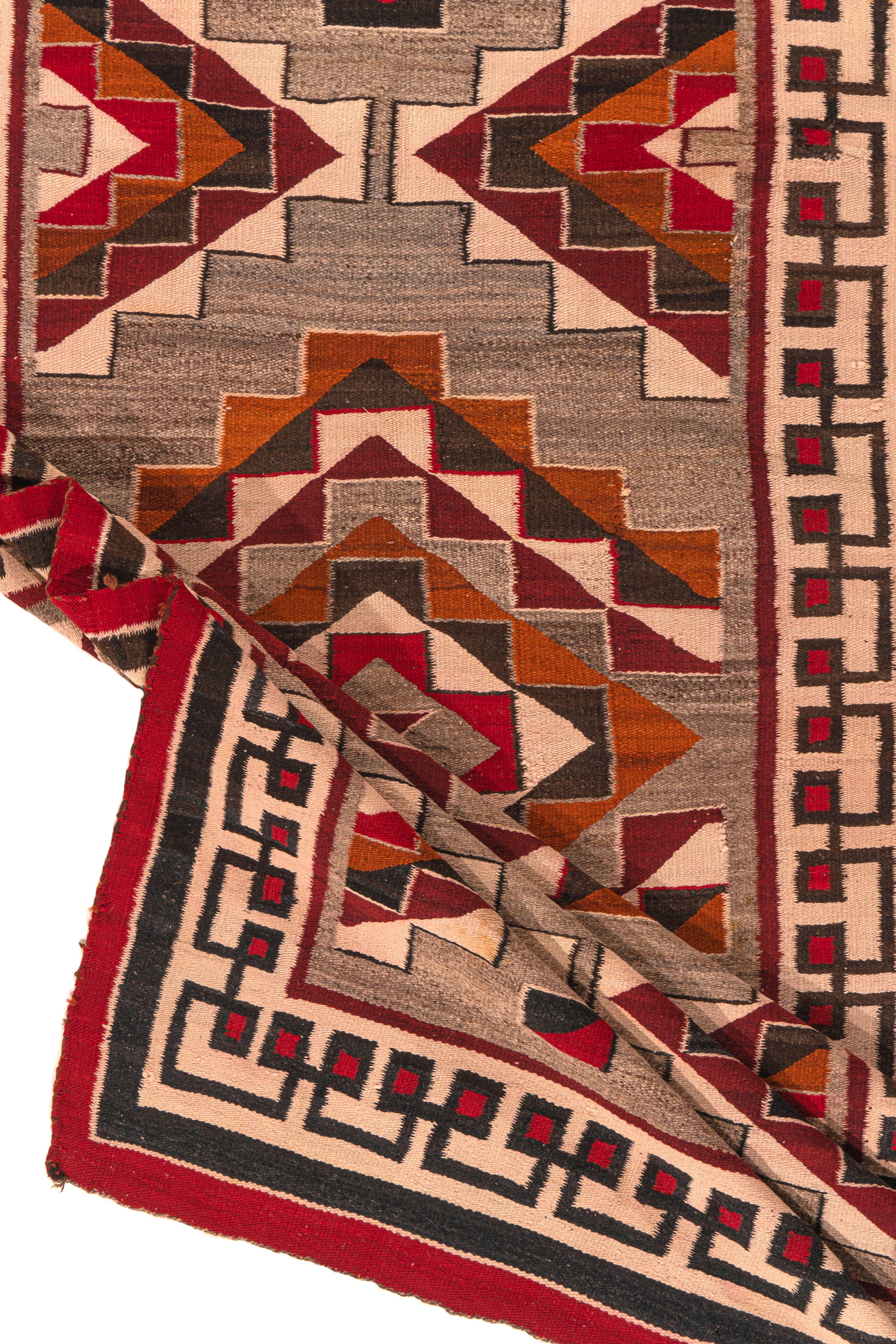 Vintage Circa 1950 Navajo Gray Red Hand Woven Wool & Cotton Rug 4'6 X 8' In Good Condition For Sale In New York, NY