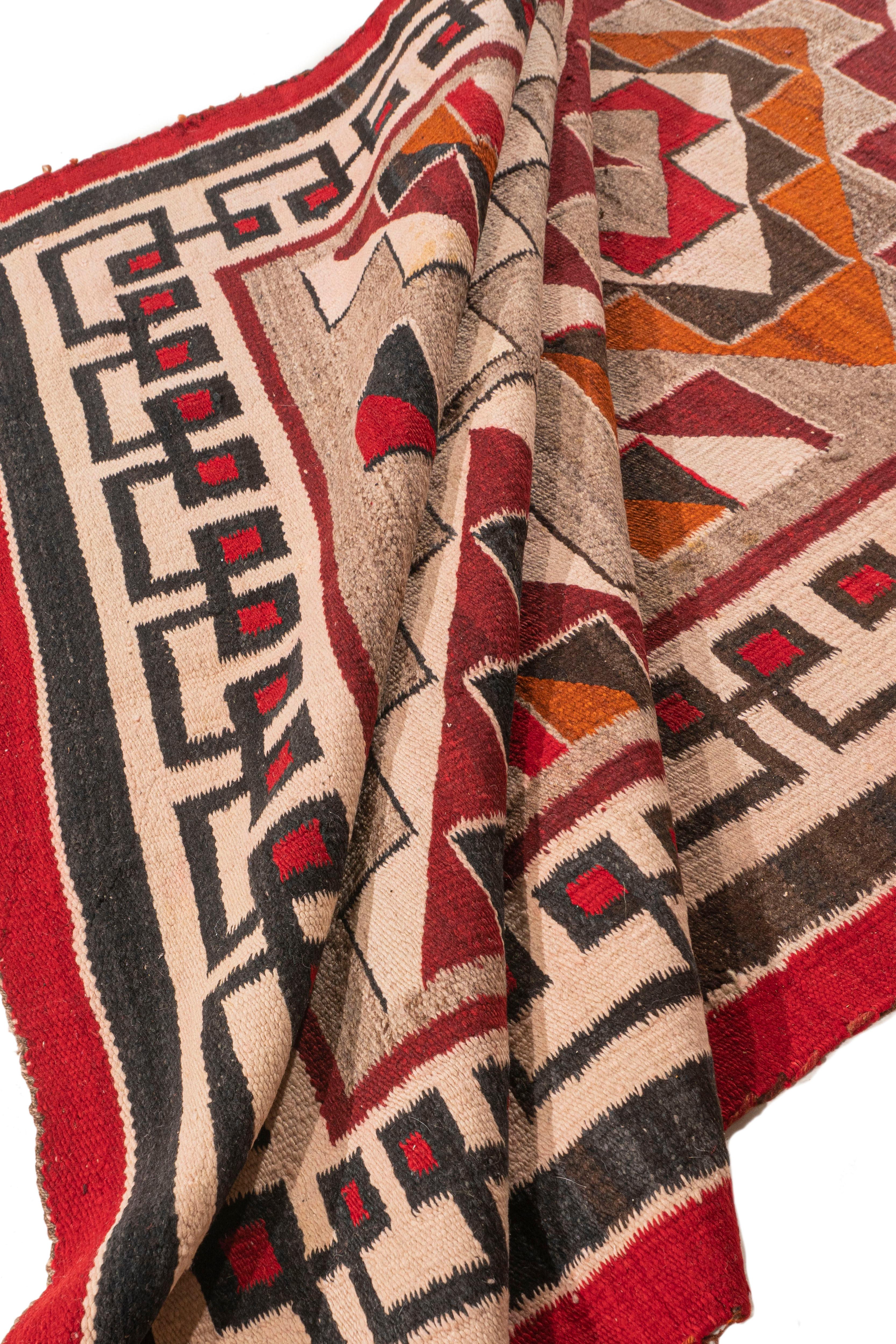 Vintage Circa 1950 Navajo Gray Red Hand Woven Wool & Cotton Rug 4'6 X 8' For Sale 2