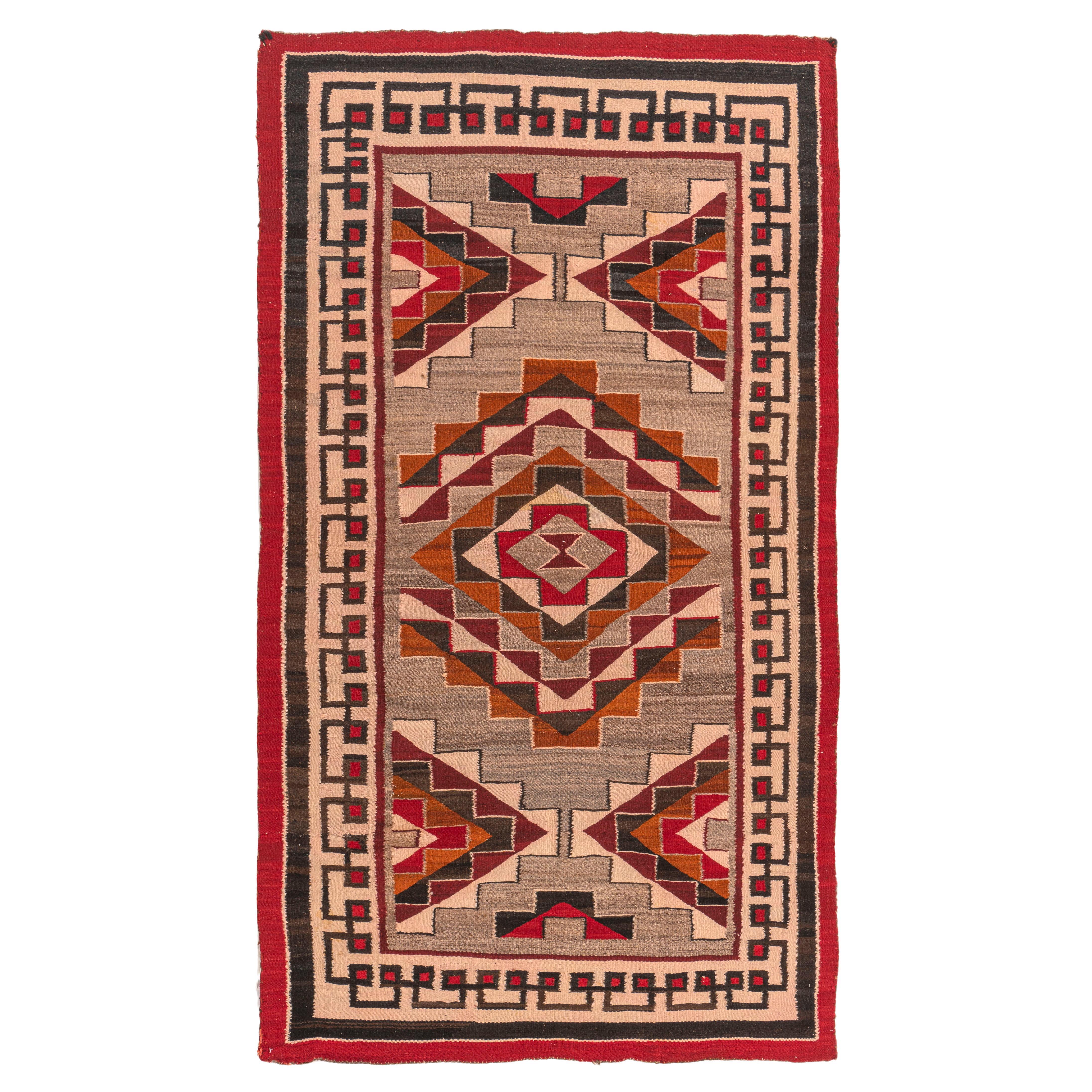 Vintage Circa 1950 Navajo Gray Red Hand Woven Wool & Cotton Rug 4'6 X 8'