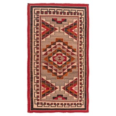 Vintage Circa 1950 Navajo Gray Red Hand Woven Wool & Cotton Rug 4'6 X 8'
