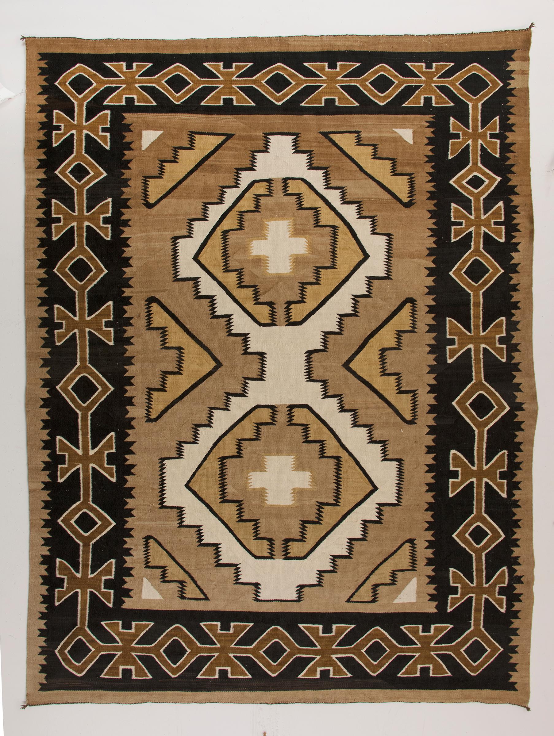 Hand-Woven Vintage Navajo Rug, Crystal Trading Post, circa 1930s-1950s, Brown, Camel, Ivory
