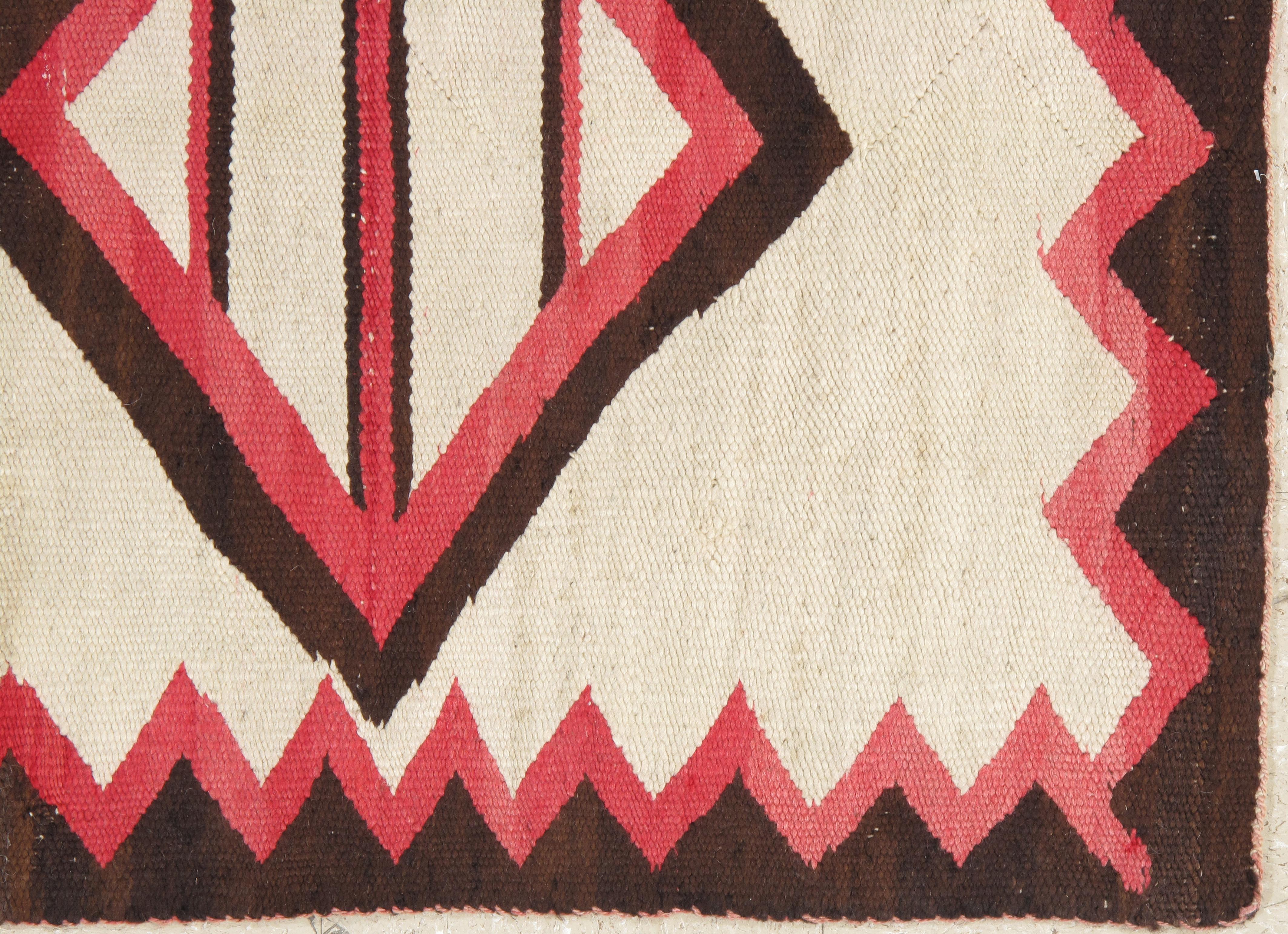 Hand-Woven Vintage Navajo Rug, Folk Rug, Handmade Wool, Beige, Coral, Brown, Neutral