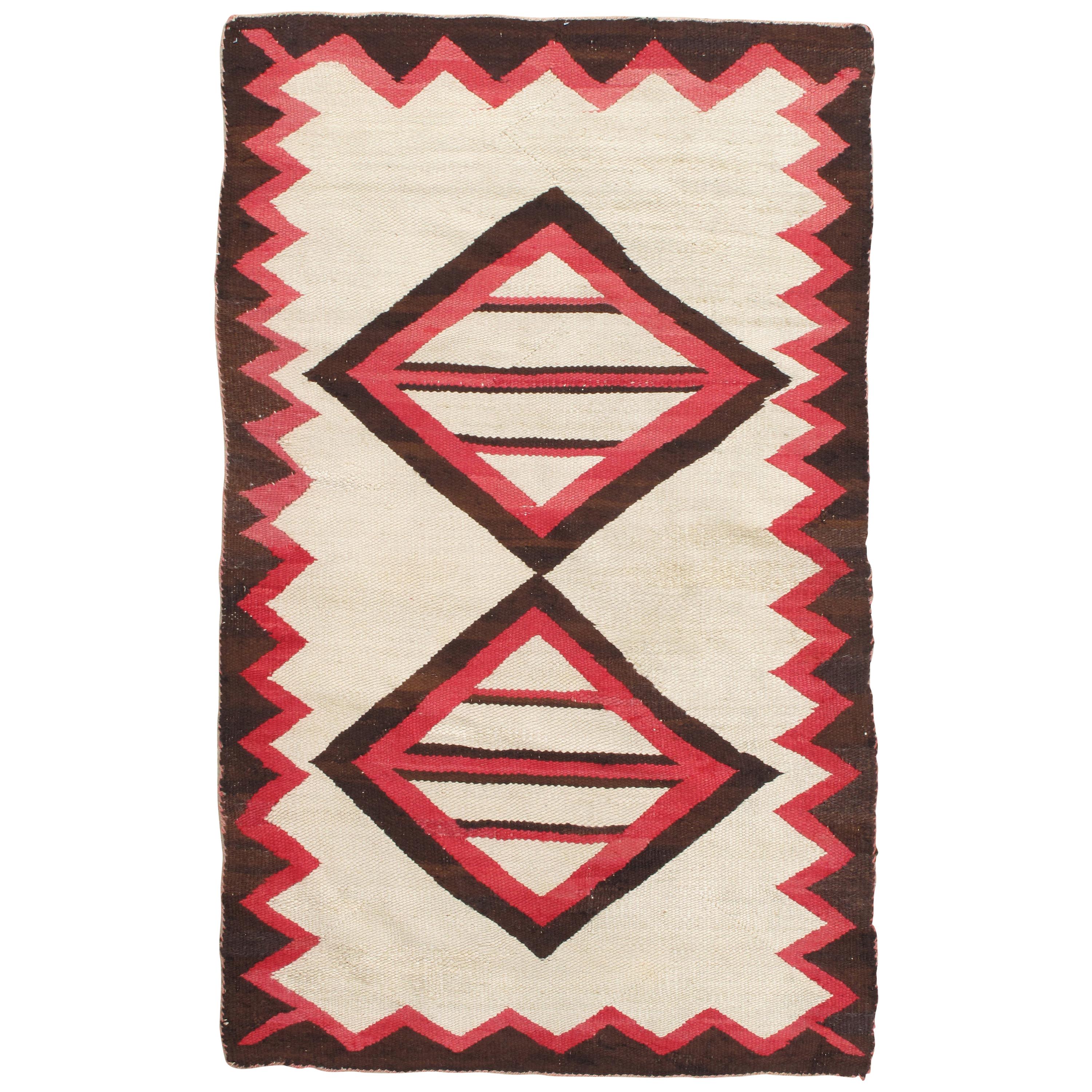 Vintage Navajo Rug, Folk Rug, Handmade Wool, Beige, Coral, Brown, Neutral