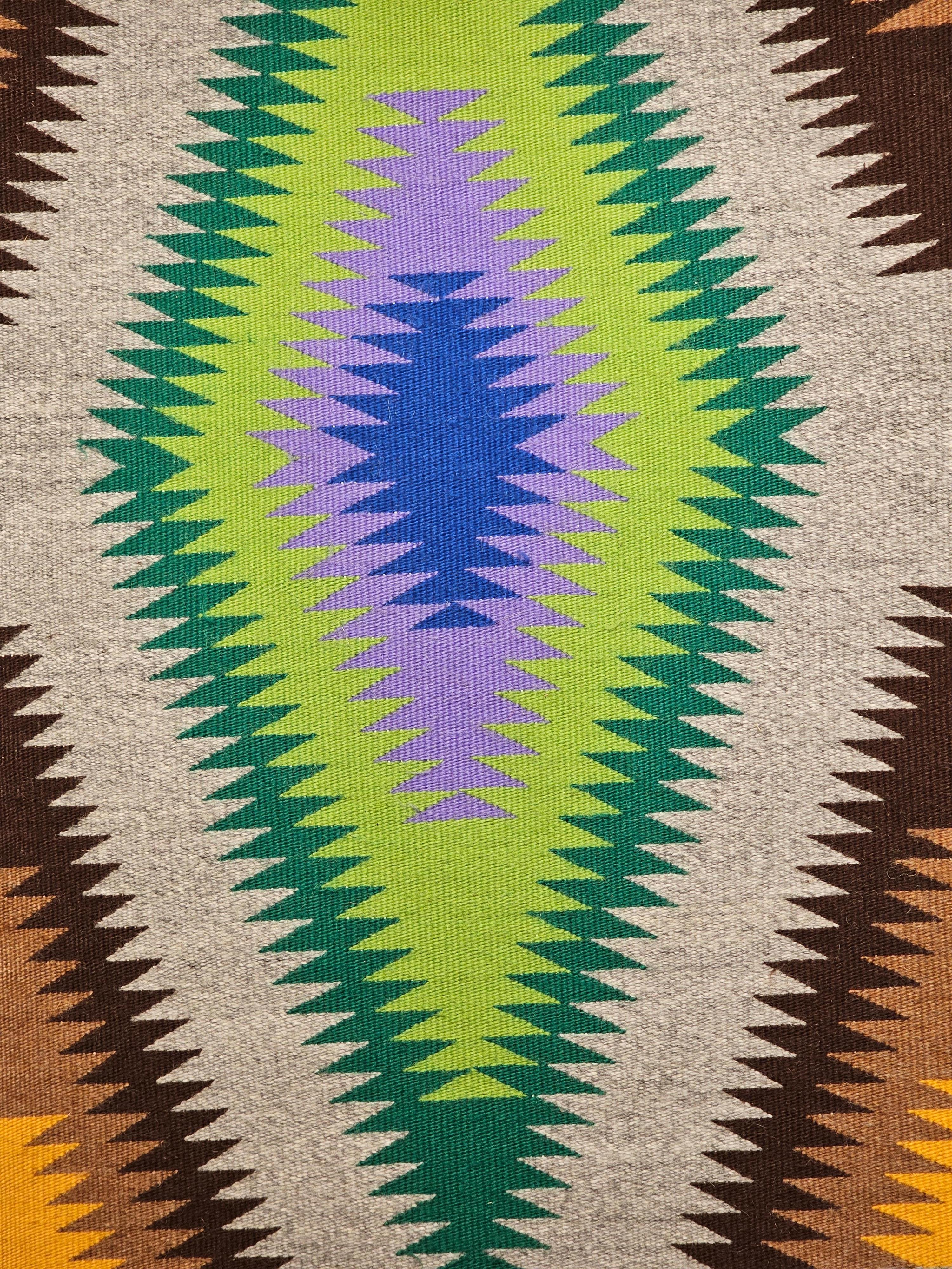 Hand-Woven Vintage American Navajo Rug in Eye Dazzler Pattern in Blue, Lavender, Green For Sale
