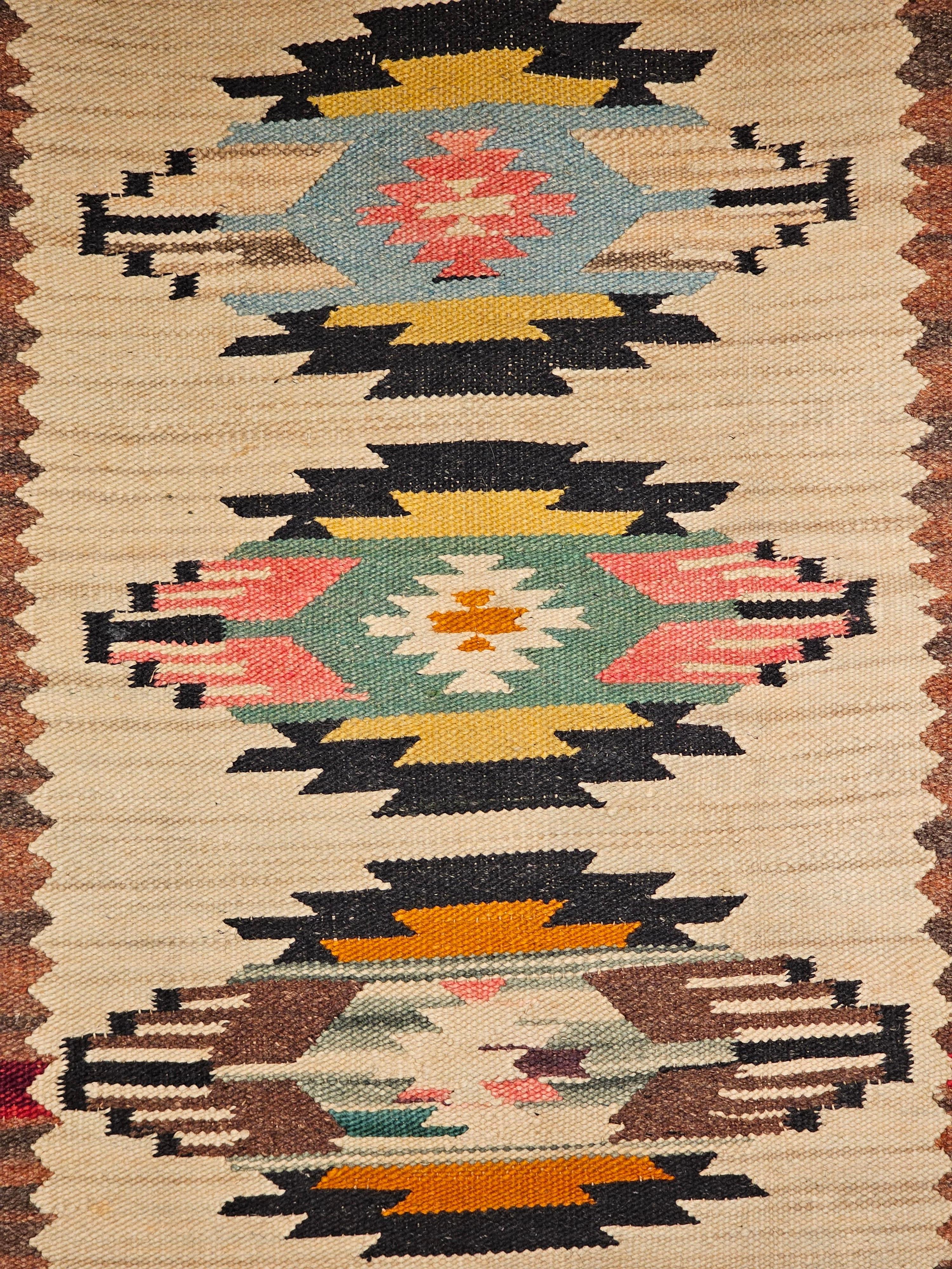 American Vintage Navajo Rug in Medallion Pattern in Green, Turquoise, Pink, Yellow, Brown For Sale