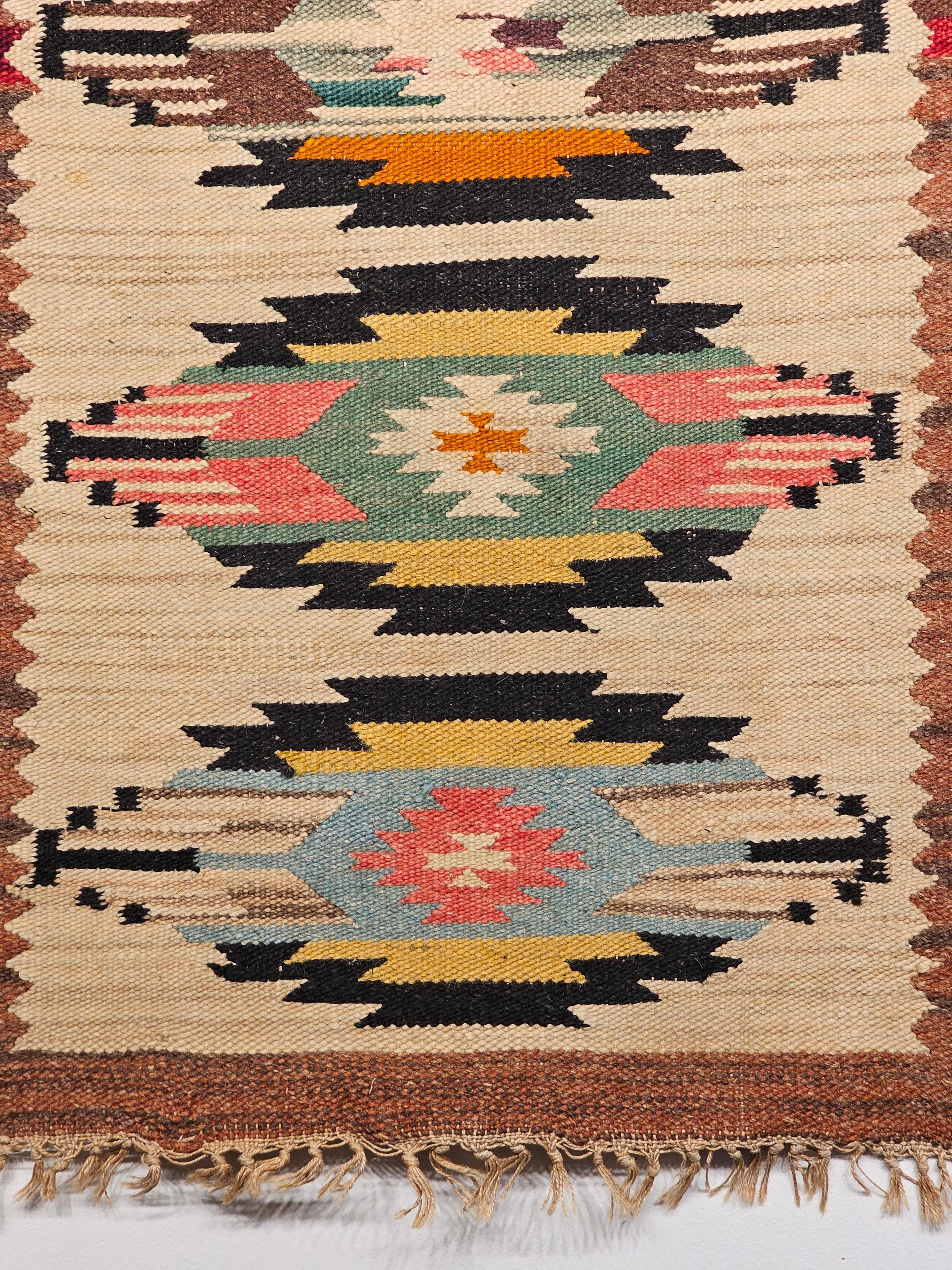 Hand-Woven Vintage Navajo Rug in Medallion Pattern in Green, Turquoise, Pink, Yellow, Brown For Sale