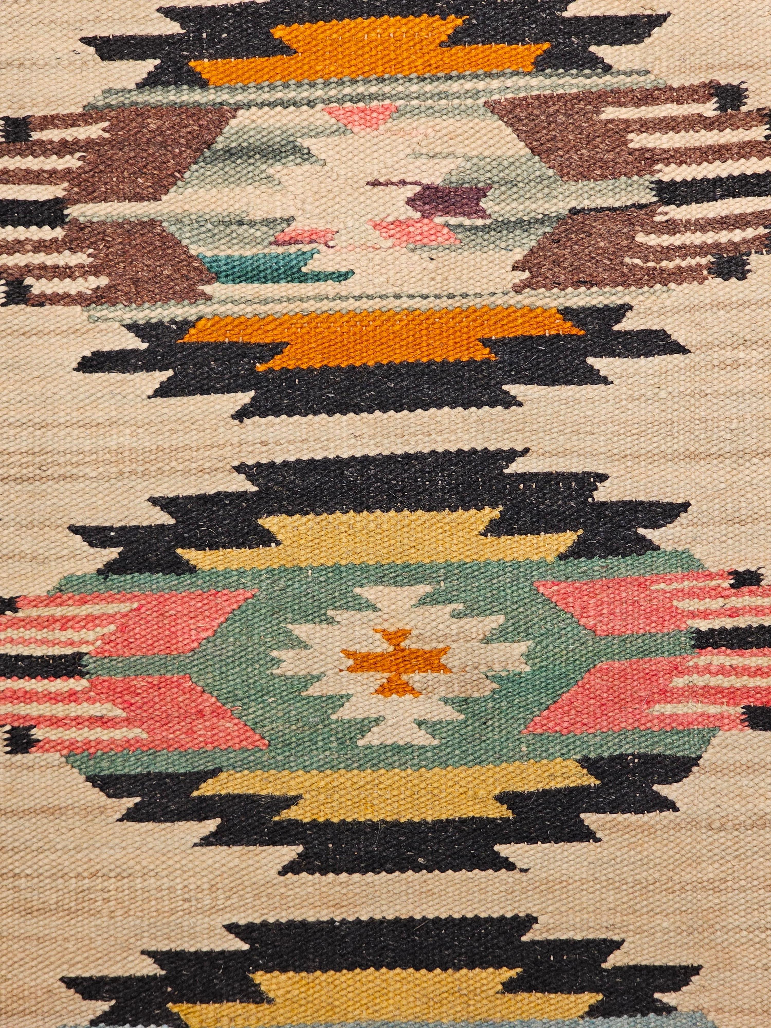 Vintage Navajo Rug in Medallion Pattern in Green, Turquoise, Pink, Yellow, Brown In Good Condition For Sale In Barrington, IL