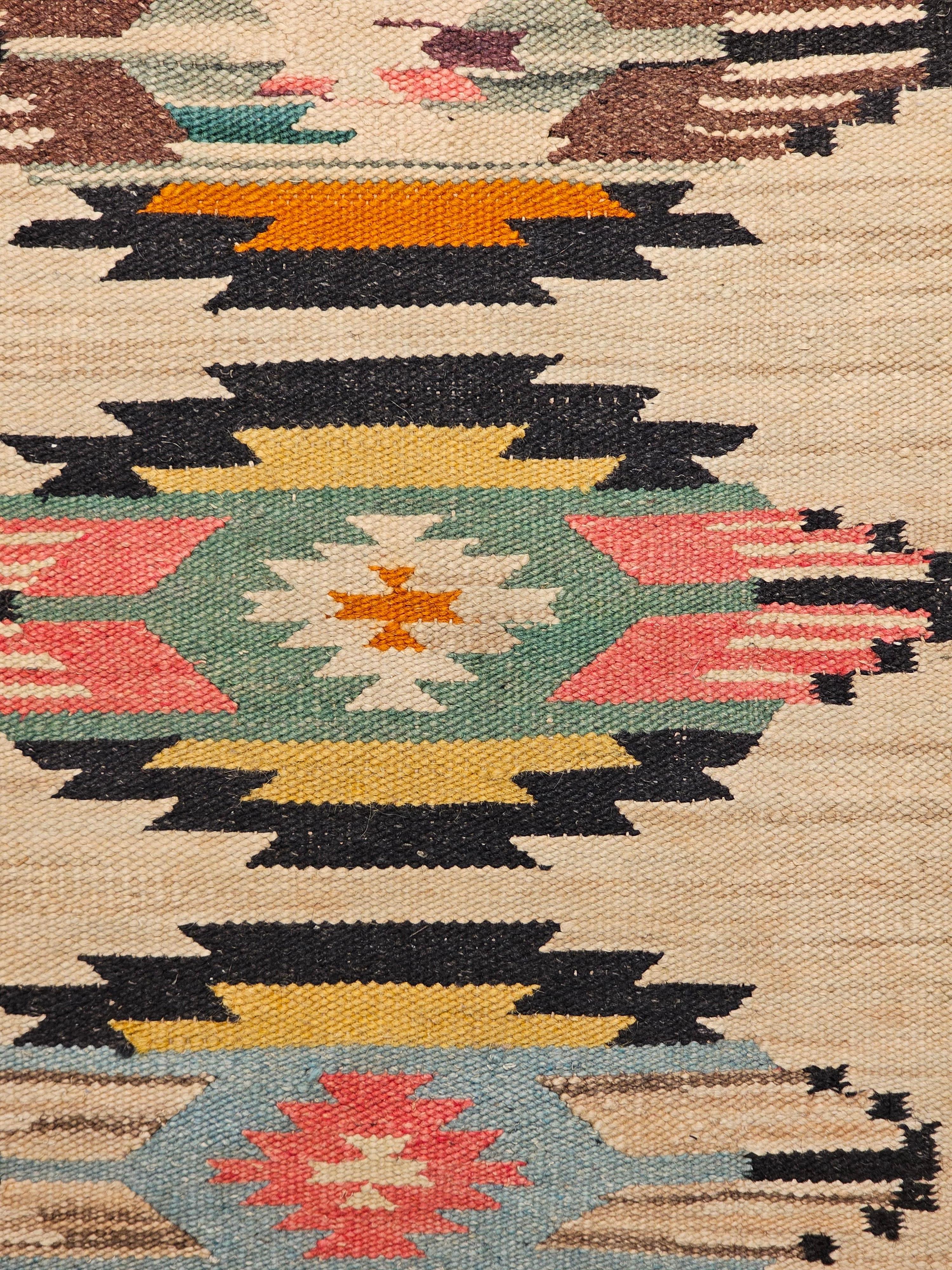 20th Century Vintage Navajo Rug in Medallion Pattern in Green, Turquoise, Pink, Yellow, Brown For Sale