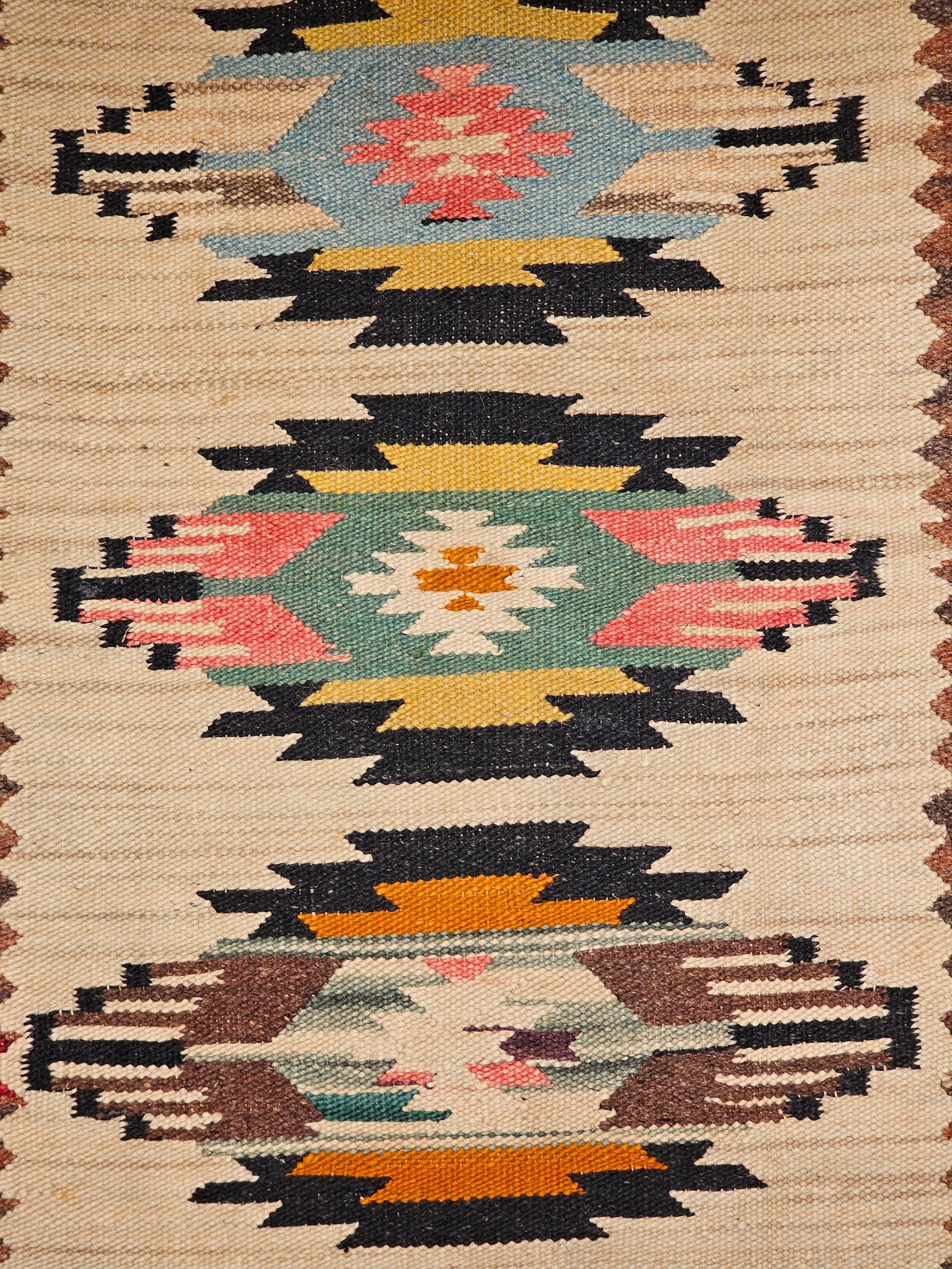 Wool Vintage Navajo Rug in Medallion Pattern in Green, Turquoise, Pink, Yellow, Brown For Sale