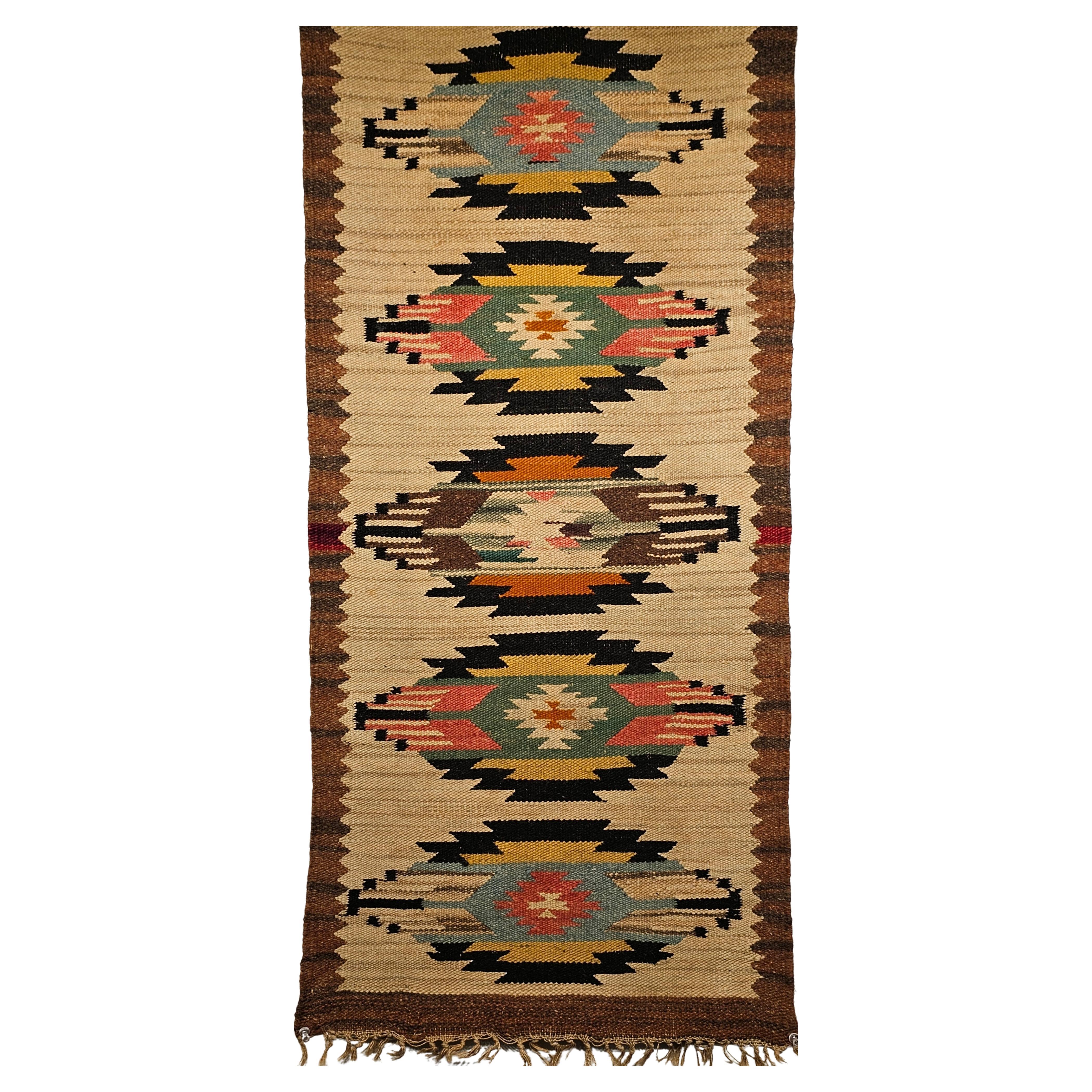 Vintage Navajo Rug in Medallion Pattern in Green, Turquoise, Pink, Yellow, Brown For Sale