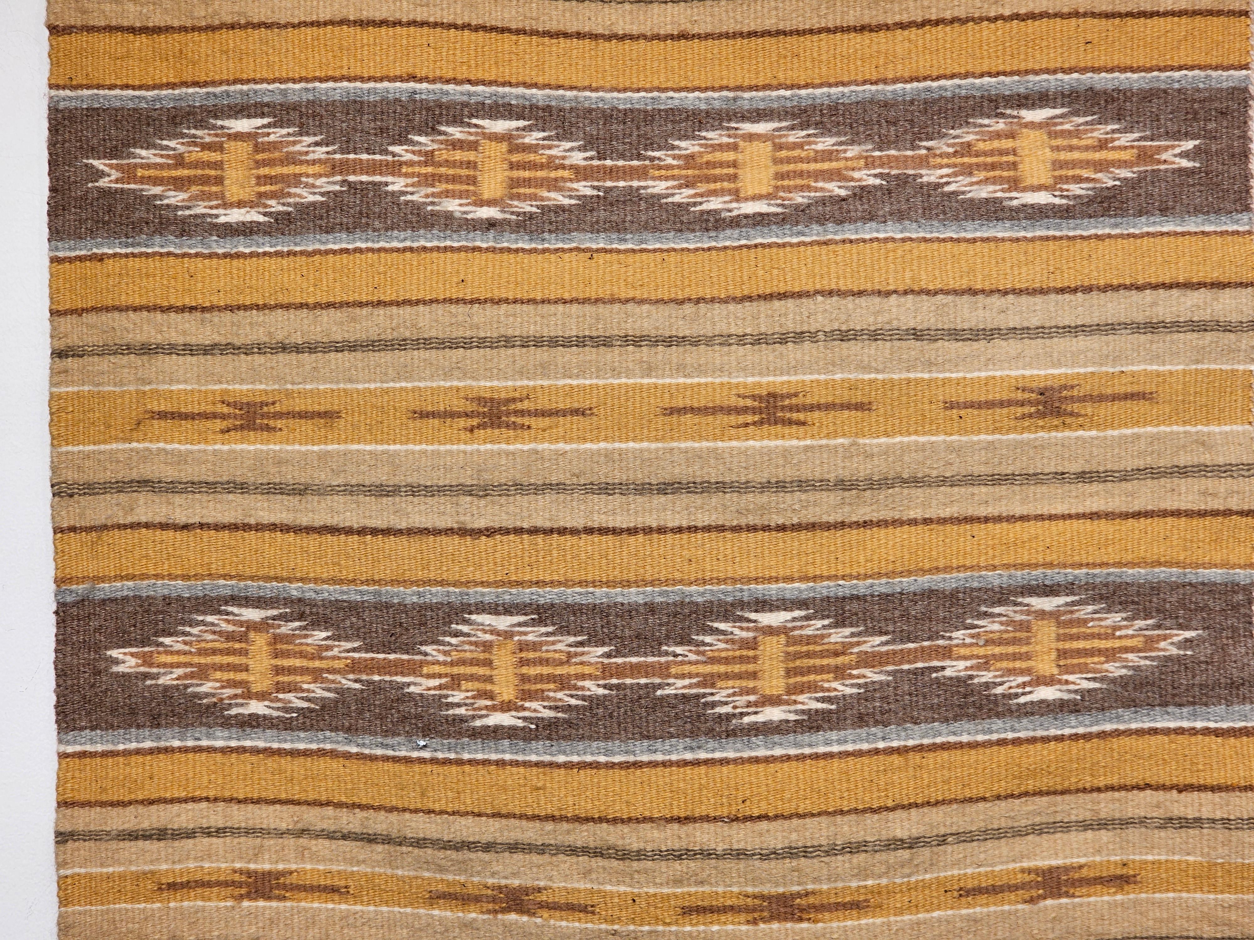 American Vintage Navajo Rug in Stripe Pattern in Earth Tones Brown, Caramel, Ivory, Gray