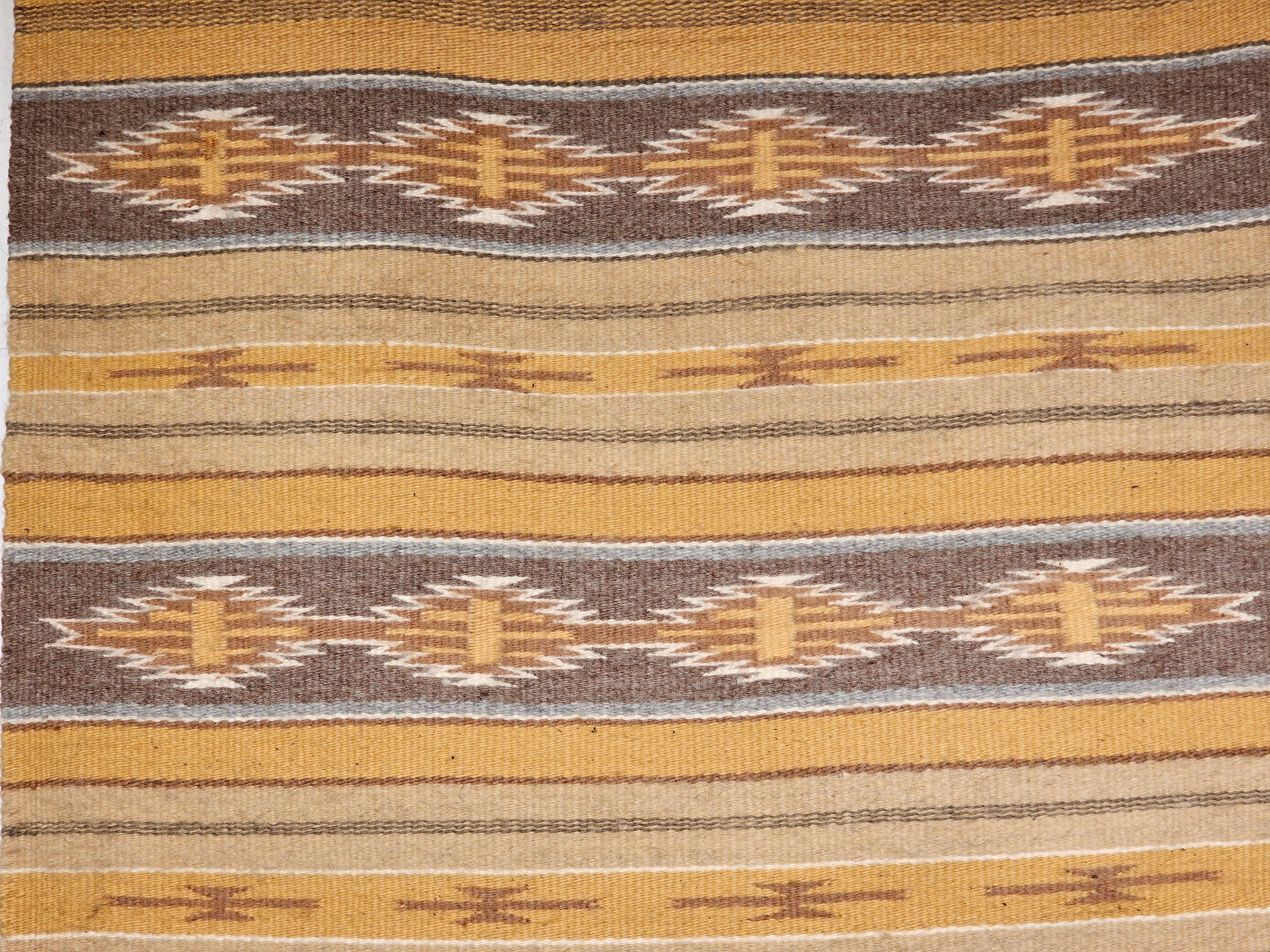 Hand-Knotted Vintage Navajo Rug in Stripe Pattern in Earth Tones Brown, Caramel, Ivory, Gray