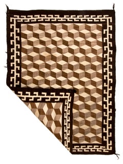 Vintage Navajo Rug, Optical Tumbling Block Pattern, Circa 1930s, Brown White