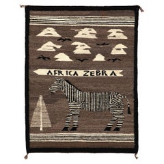 Vintage Navajo Rug, Pictorial, Zebra, Clouds, Birds, 1950s, Brown, Black, White