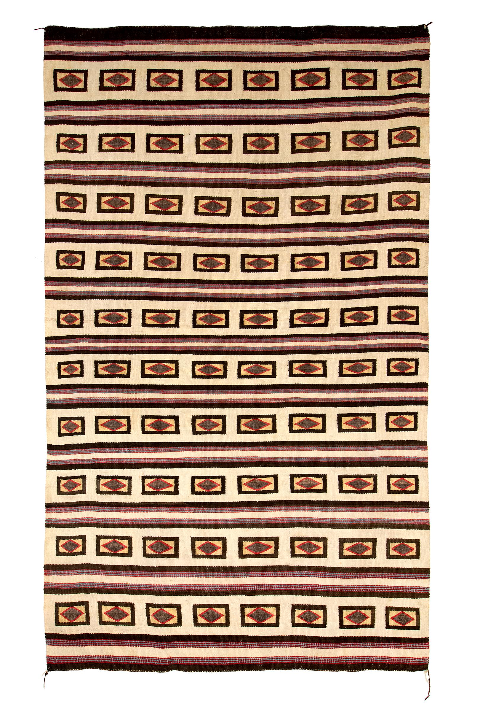 Mid-20th Century Navajo Rug 1930s, Chinle Stripe & Diamond Pattern Ivory Camel Brown Blue Red For Sale