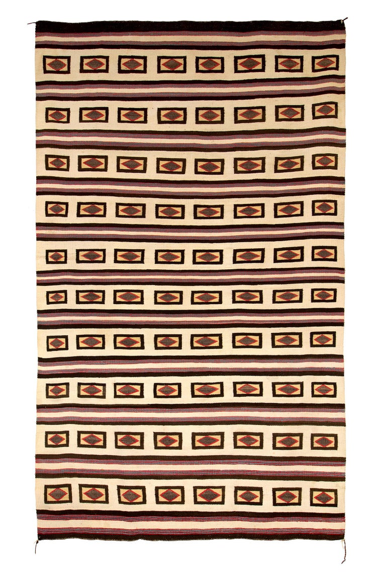 Wool Vintage Navajo Rug, Tan, Brown, Red and Blue Pattern, circa 1930s For Sale