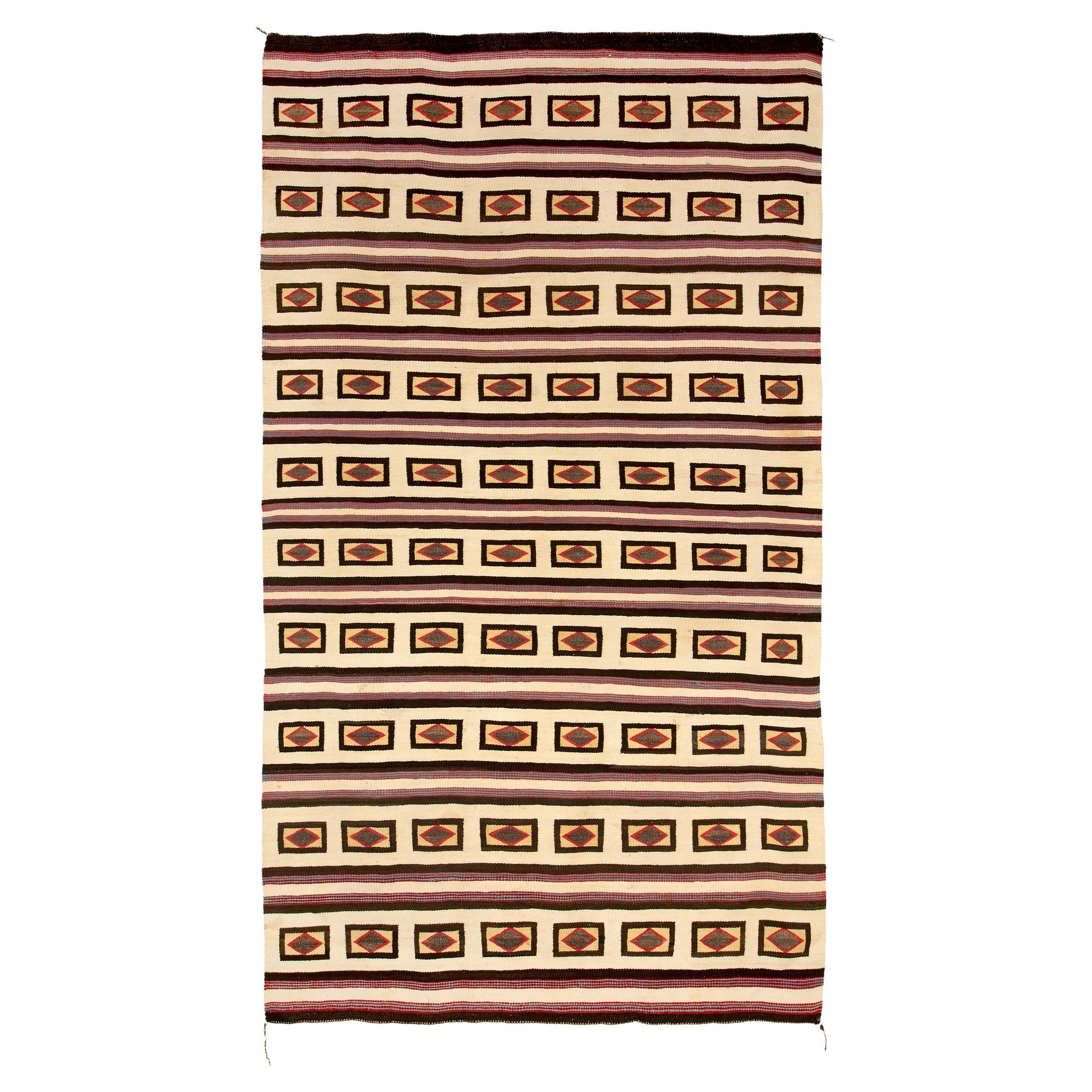 Navajo Rug 1930s, Chinle Stripe & Diamond Pattern Ivory Camel Brown Blue Red For Sale