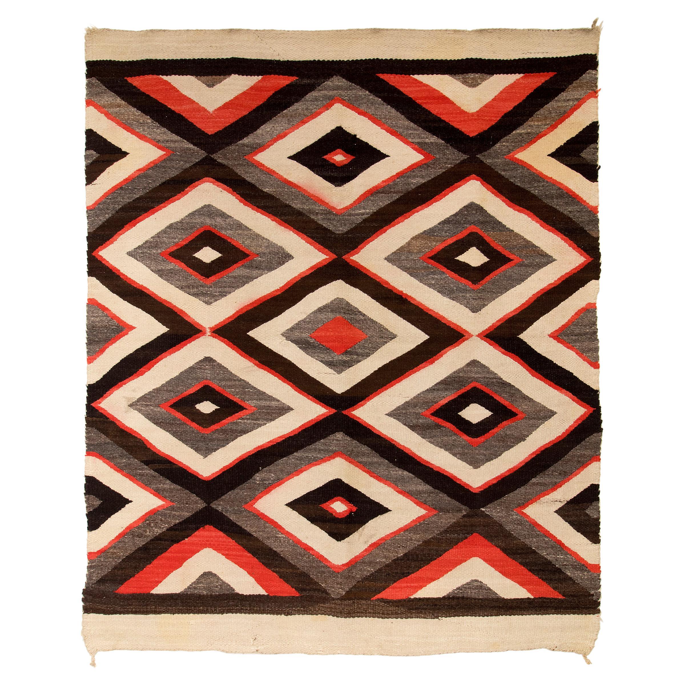 Vintage Navajo Rug, Trading Post Era Southwestern Weaving, Red Brown Black White