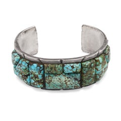 Vintage Navajo S M Sterling Silver Cobblestone Turquoise Cuff Bracelet