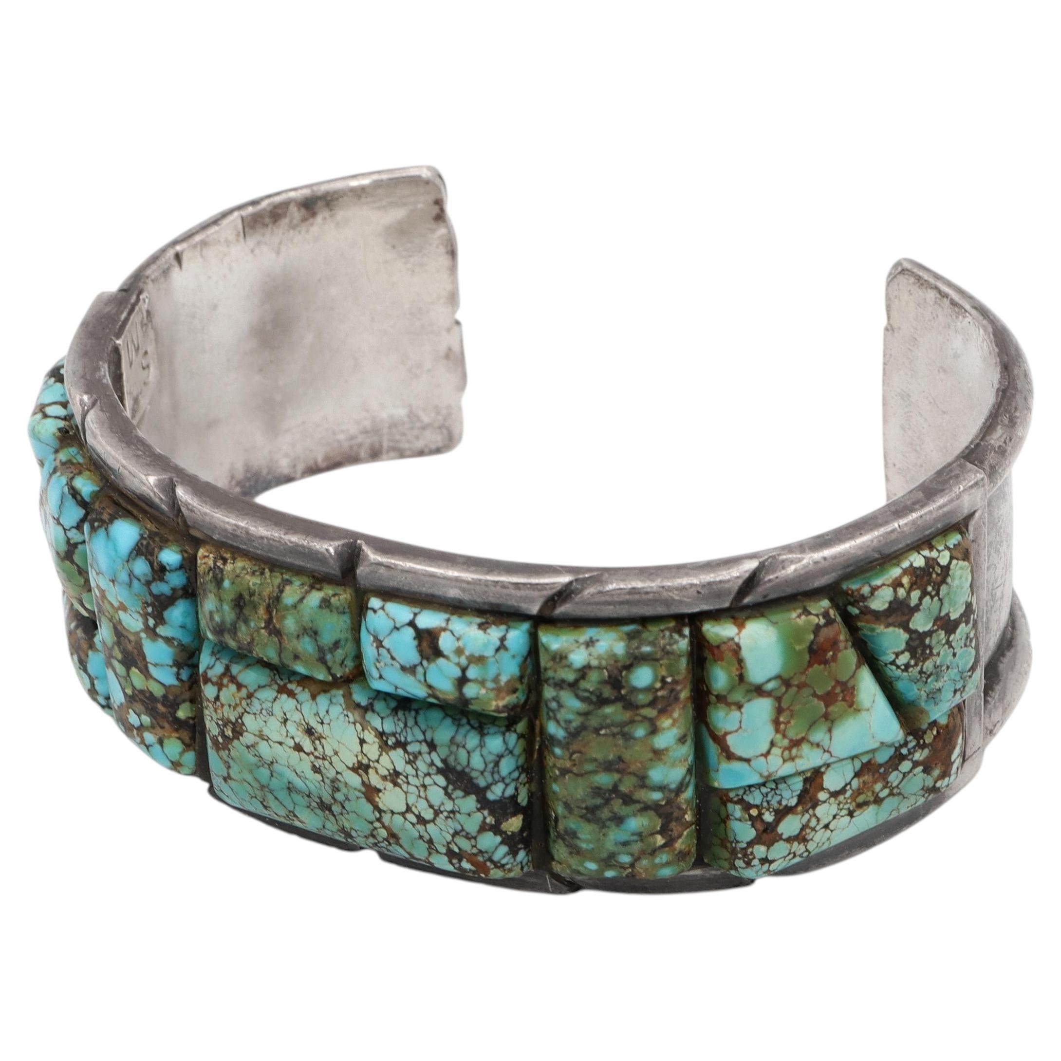 Vintage Navajo S M Sterling Silver Cobblestone Turquoise Cuff Bracelet For Sale