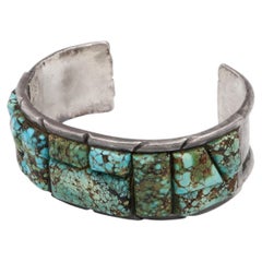 Vintage Navajo S M Sterling Silver Cobblestone Turquoise Cuff Bracelet
