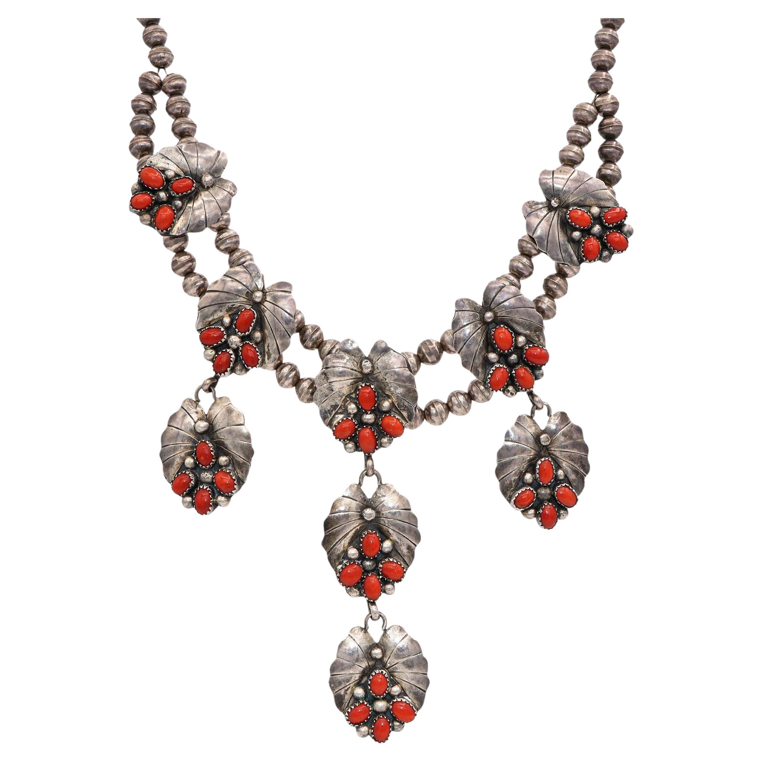 Vintage Navajo Signed Spencer Sterling Silver Coral Leaf Double Strand Necklace