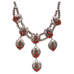 Vintage Navajo Signed Spencer Sterling Silver Coral Leaf Double Strand Necklace