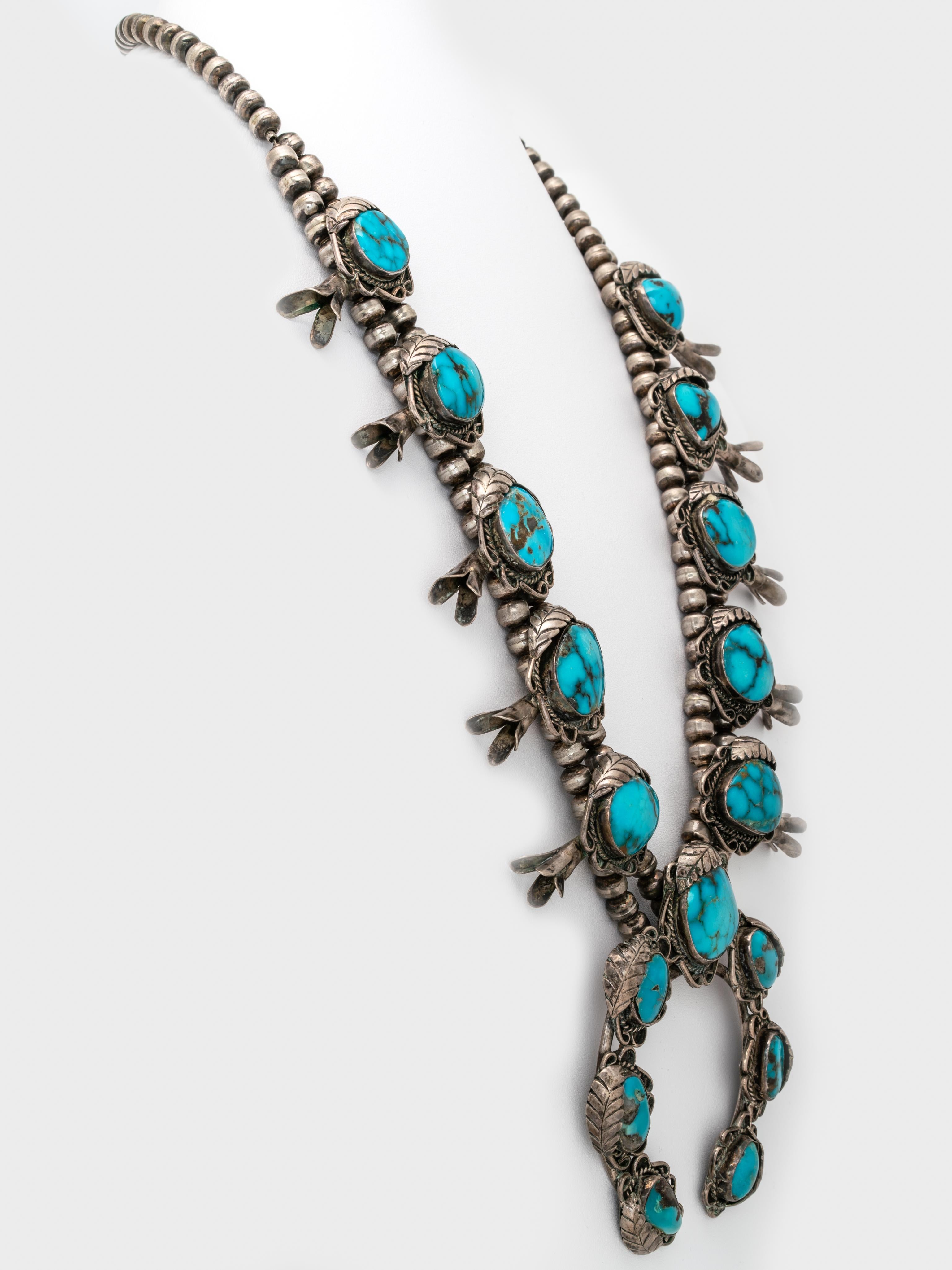 Cabochon Vintage Navajo Silver and Kingman Turquoise Squash Blossom Necklace