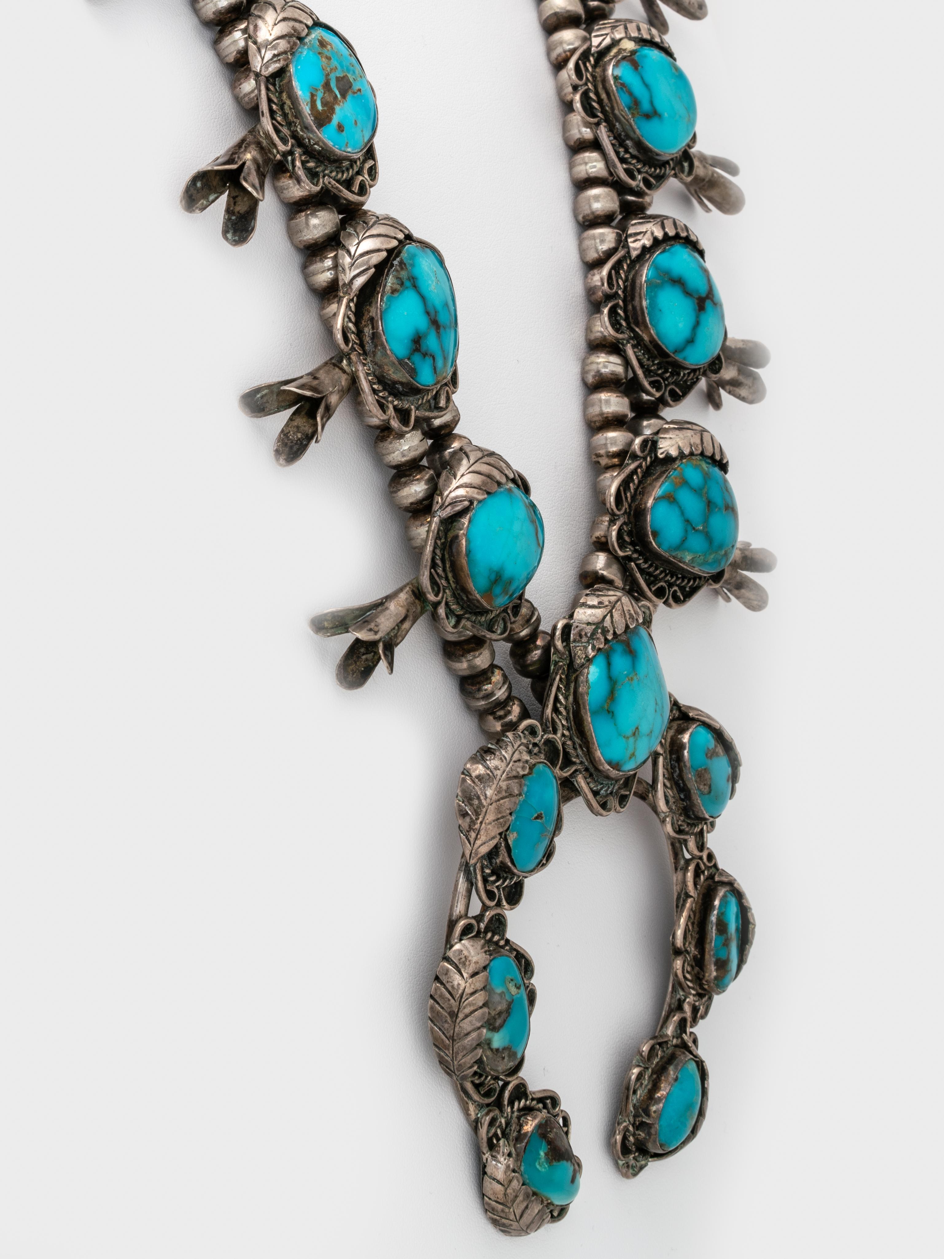 Vintage Navajo Silver and Kingman Turquoise Squash Blossom Necklace In Good Condition In New York, NY